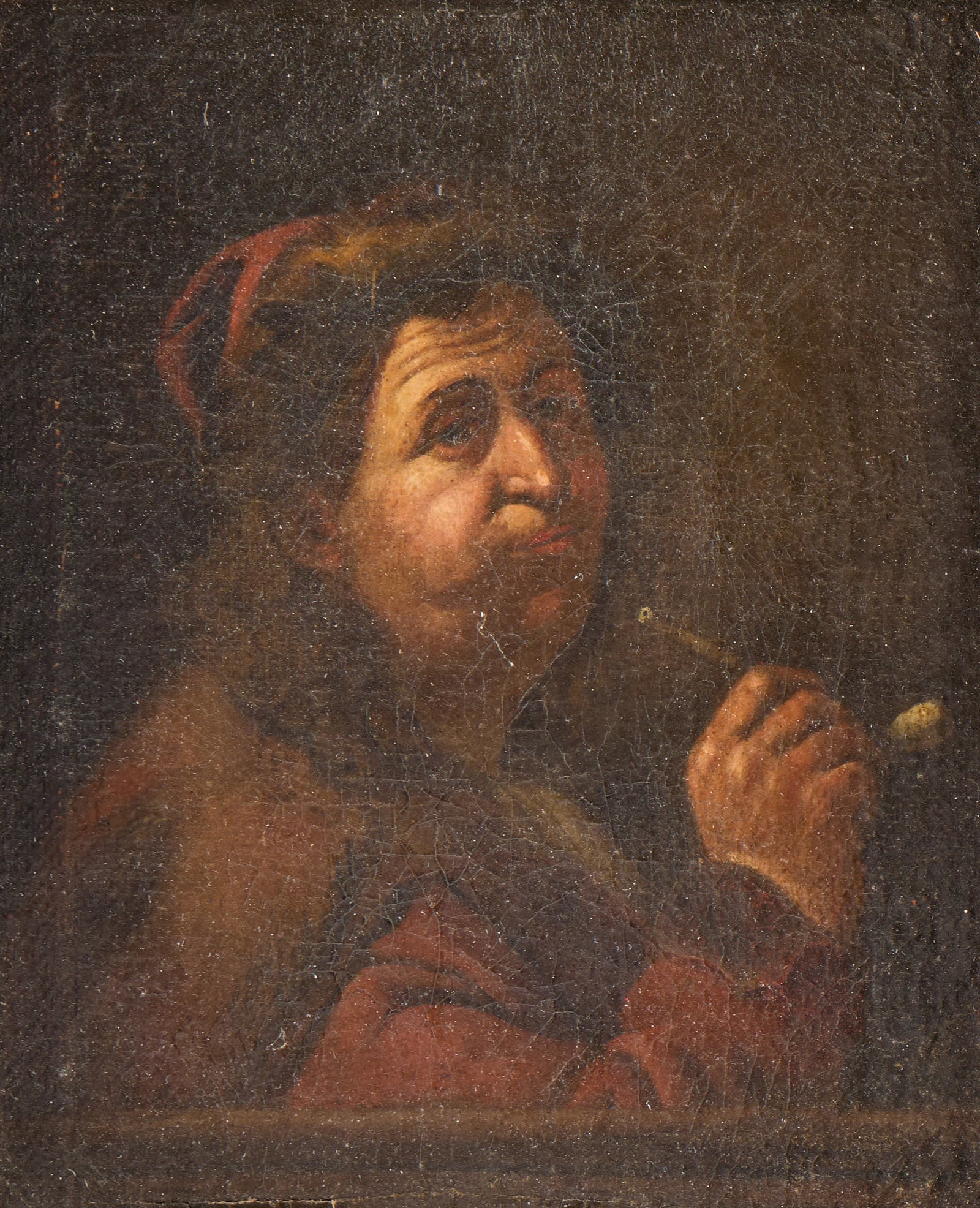 Attr. Carel de Moor "Le Fumeur" Genre Oil Painting: Attributed to Carel de Moor (Dutch, 1655-1738). Oil on canvas genre painting titled "Le Fumeur (The Smoker)," depicting a man with a pipe in his hand. With a toned paper label along the verso listing 