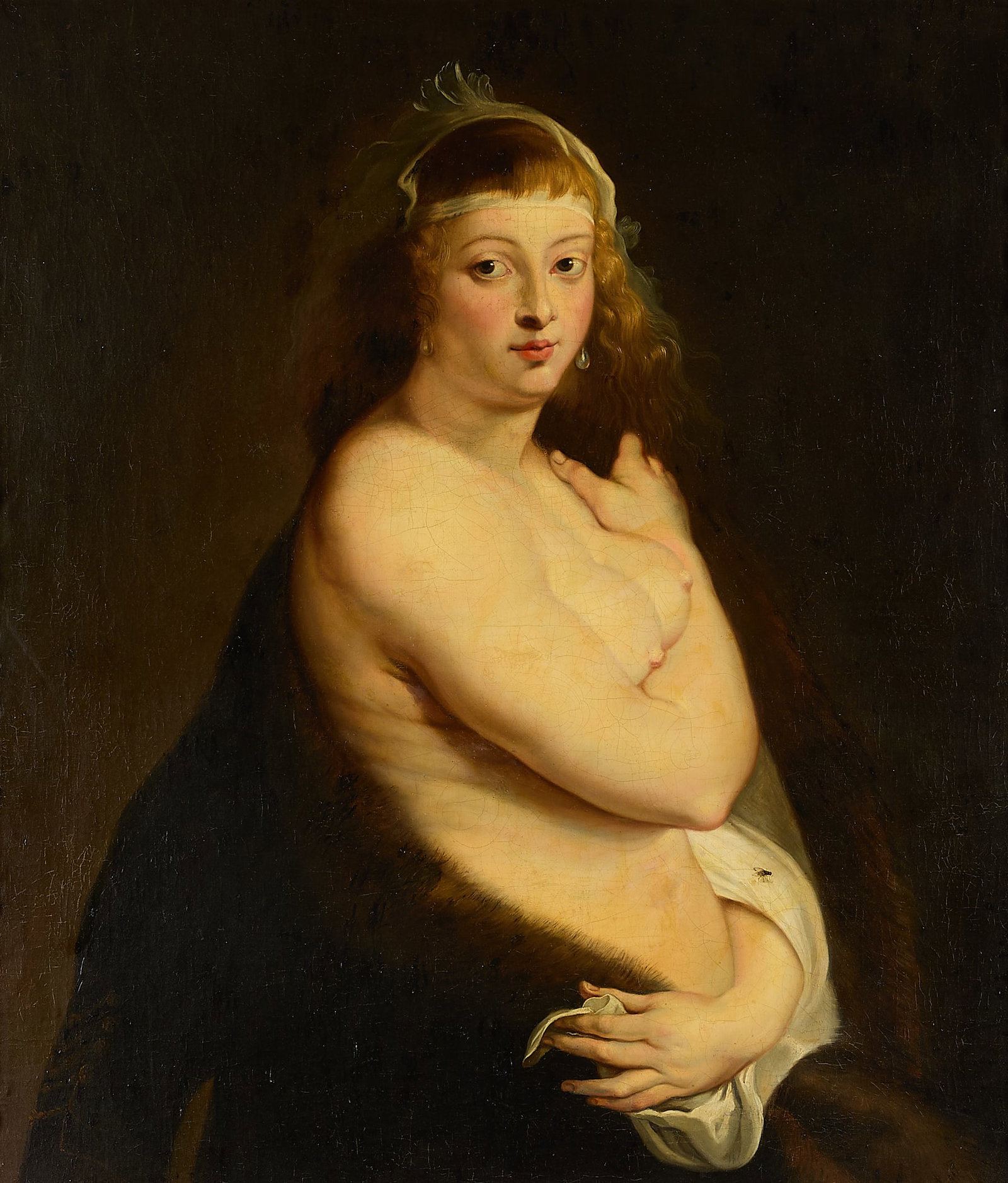 Aft. Peter Paul Rubens "Het Pelsken" Oil Painting: After Peter Paul Rubens (Flemish, 1577-1640). Old Master oil on canvas painting depicting a partially nude woman draped in a fur wrap. After Rubens' painting titled "Het Pelsken (The Little Fur," depi