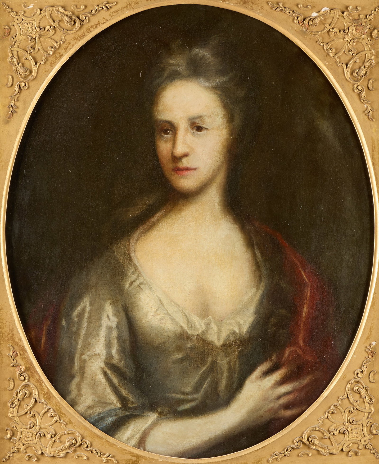 Attr. Peter Lely Portrait of Lady Painting: Attributed to Peter Lely (Dutch, 1618-1680). Oil on canvas painting depicting a portrait of a lady in a light-colored dress with a red wrap around her shoulder. Unframed; height: 30 in x width: 25 in.