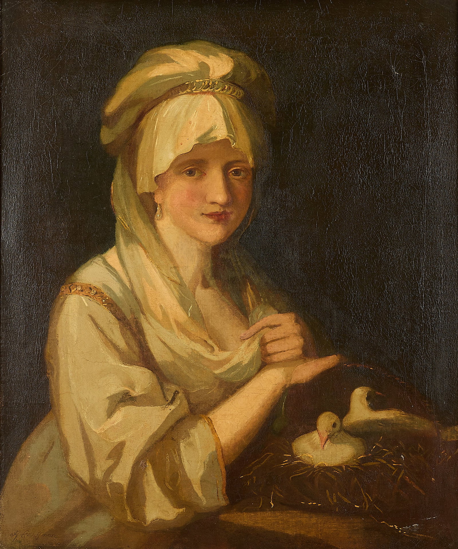 After Angelica Kauffman "Conjugal Peace" Painting: After Angelica Kauffman (Swiss, 1741-1807). Oil on canvas painting depicting the portrait of a young woman with two white doves in a nest beside her. After Kauffman's painting titled "Conjugal Peace."