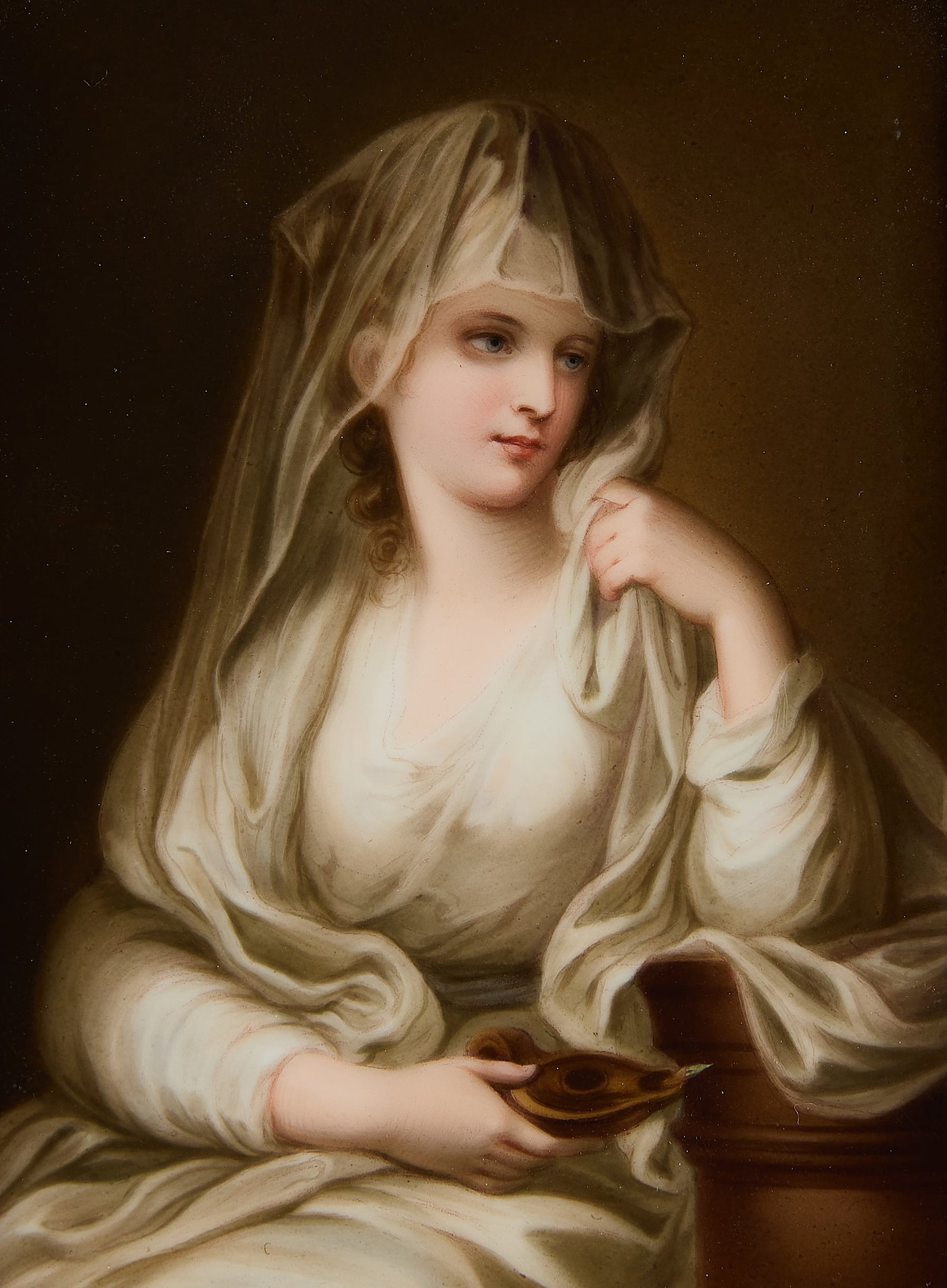 KPM-Style Aft. Kauffman Porcelain Portrait Plaque: Style of KPM, Berlin, Germany. After Angelica Kauffman (Swiss, 1741-1807). Antique porcelain plaque after Angelica Kauffman's Neoclassical painting titled "Portrait of a Lady as a Vestal Virgin," late