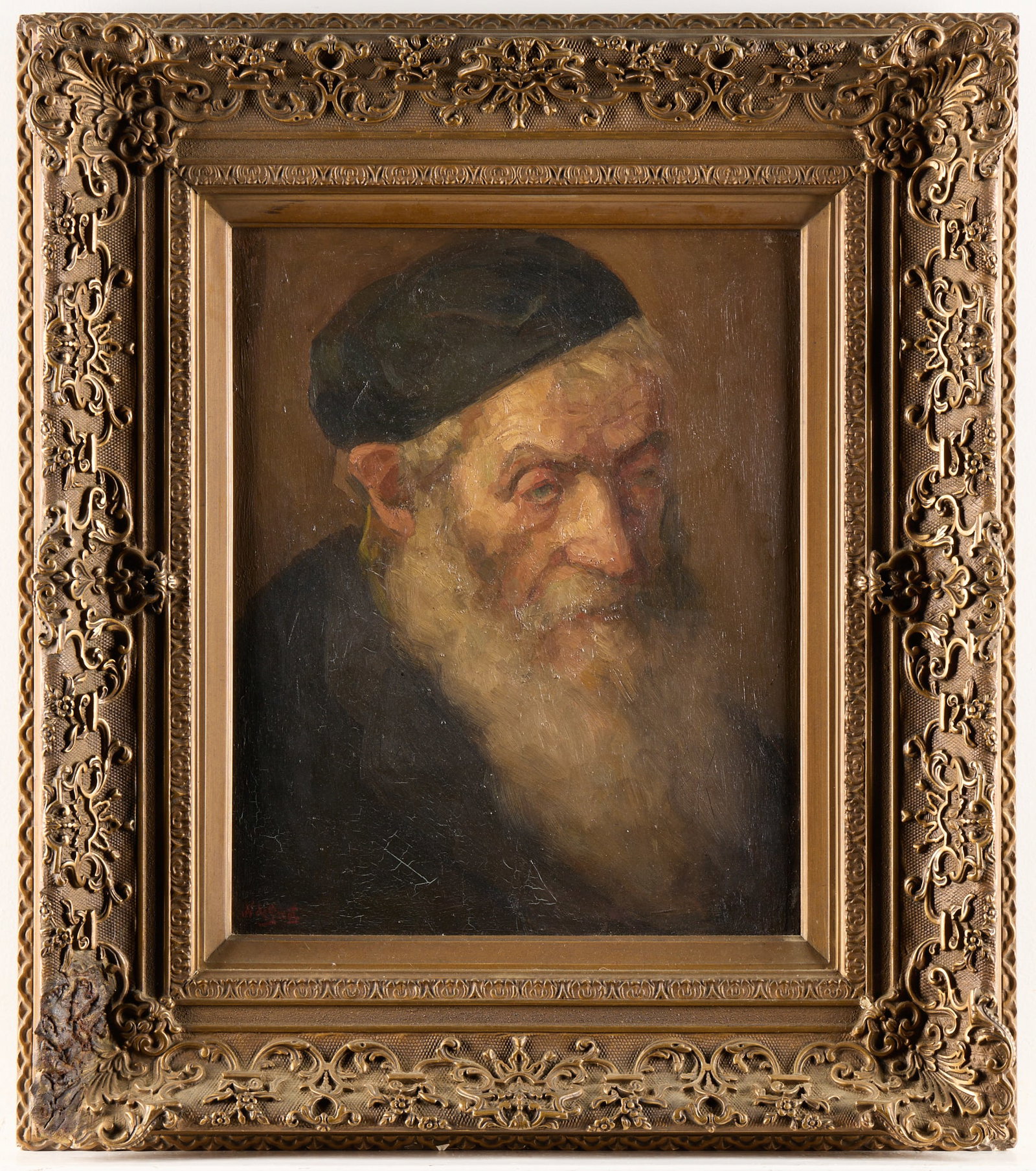 Maurits de Groot School of Rembrandt Oil Painting: Maurits de Groot (Dutch, 1880-1934). School of Rembrandt oil on board painting depicting the portrait of an older man. Signed along the lower left. With an aged Firma A.J. van der Linde Schilder- & Te