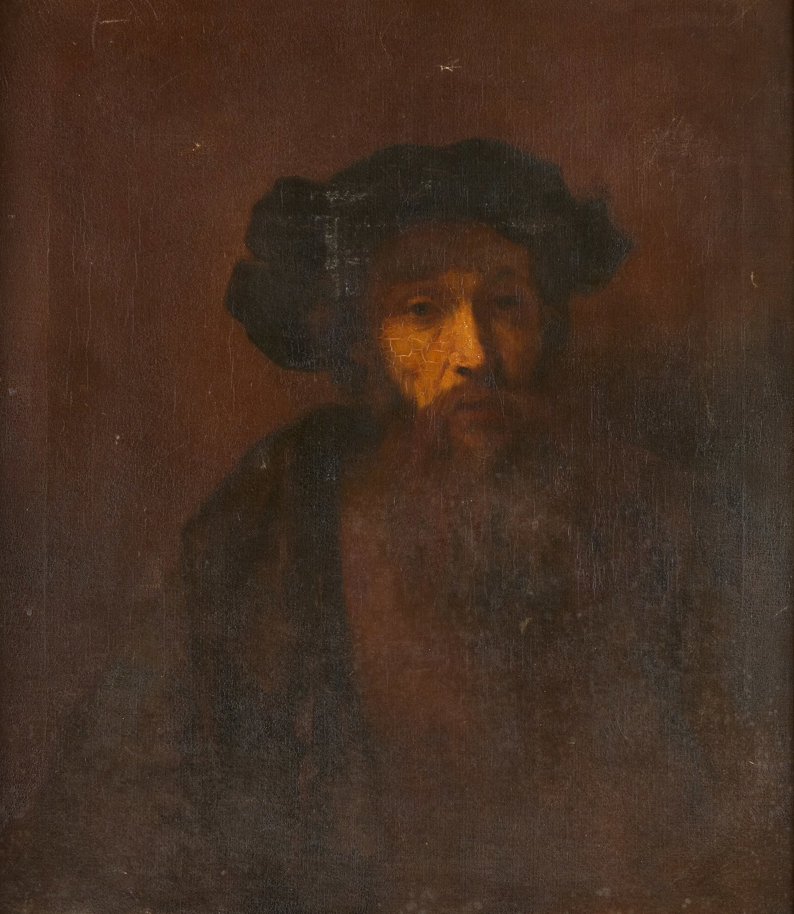 After Rembrandt Bearded Man Portrait Oil Painting: After Rembrandt Harmenszoon van Rijn (Dutch, 1606-1669). Oil on canvas painting depicting an older man with a beard and hat. After Rembrandt's work known as "A Bearded Man in a Cap," sometimes referre