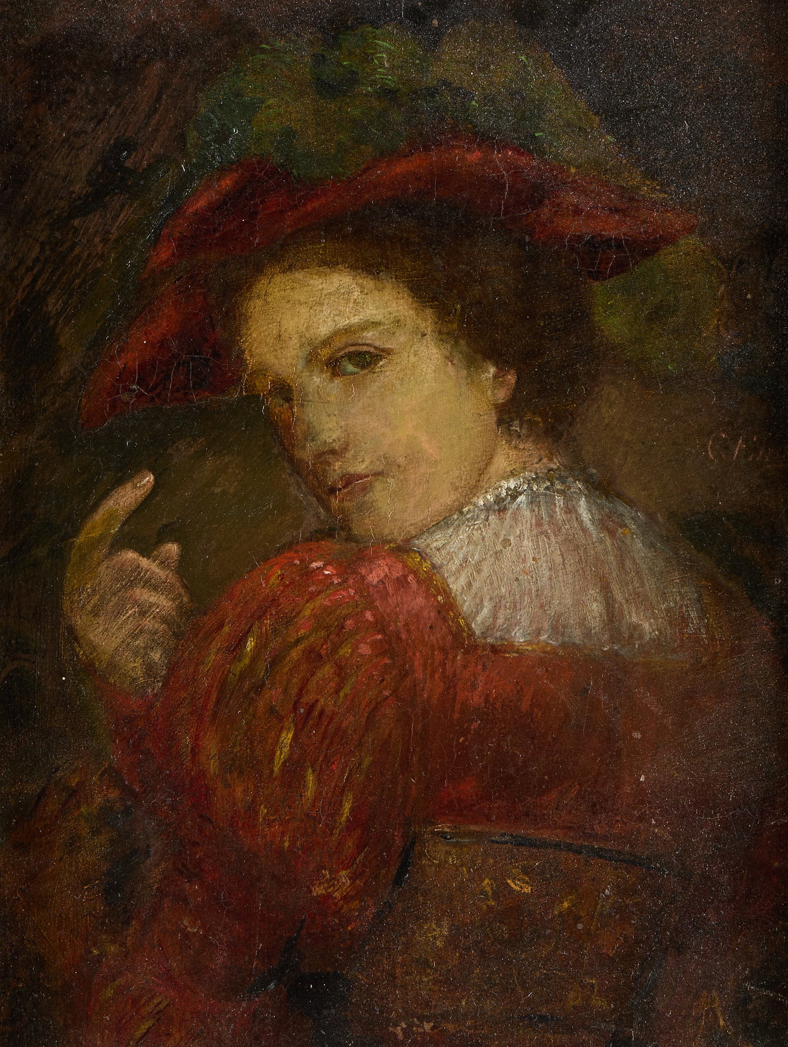 Carl Engel von der Rabenau Portrait Oil Painting: Carl Engel von der Rabenau (German, 1817-1870). Oil on board painting depicting the portrait of a woman wearing an elegant red and white dress with a lovely matching hat atop her head. She looks over 