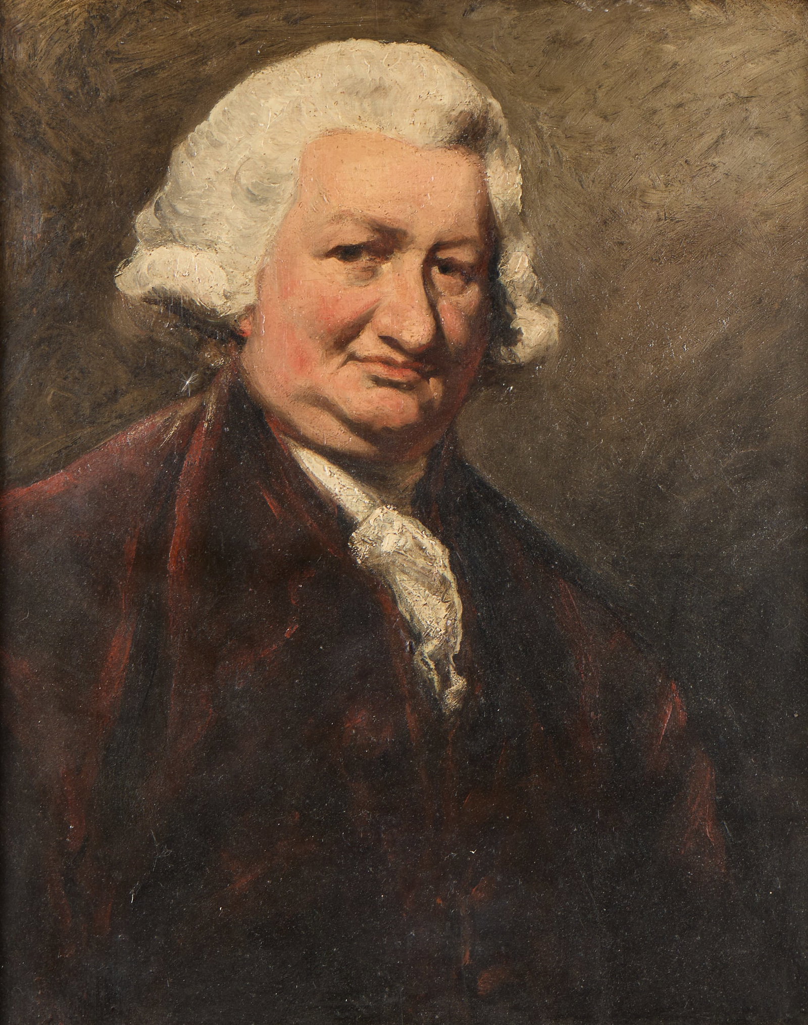 Sir Joshua Reynolds Portrait of a Man Oil Painting: Sir Joshua Reynolds (English, 1723-1792). Oil on board painting titled "Portrait of a Man," depicting an older man wearing a deep burgundy suit. With a toned label along the verso listing the artist a