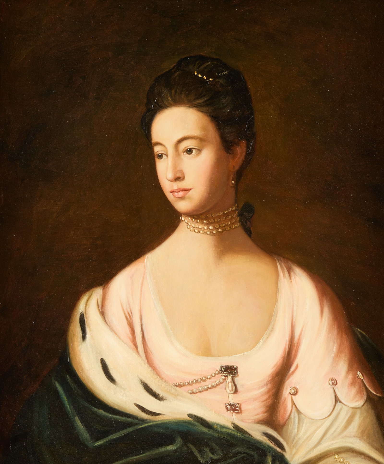 Aft. Joshua Reynolds Mary Buller Portrait Painting: After Joshua Reynolds (English, 1723-1792). Oil on canvas painting titled "Mrs. Mary Buller," depicting an elegant woman in a pink dress with a green velvet ermine-trimmed wrap. Artist attribution and