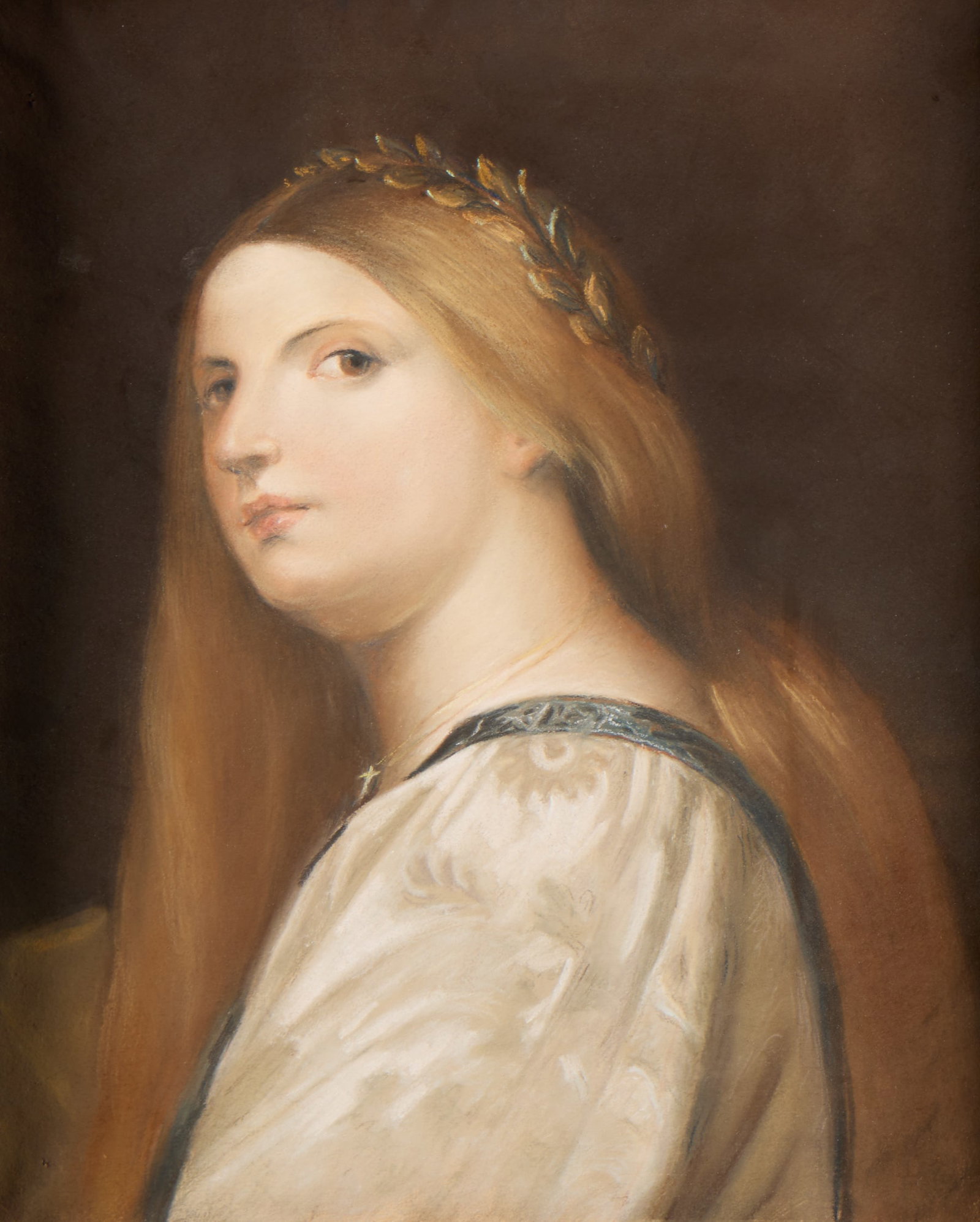 Style of Titian Portrait of a Girl Pastel Drawing: Style of Titian (Italian, 16th century). Pastel drawing depicting the portrait of a young girl wearing a gold wreath around her head, complementing her blonde hair. With a plaque along the lower edge 