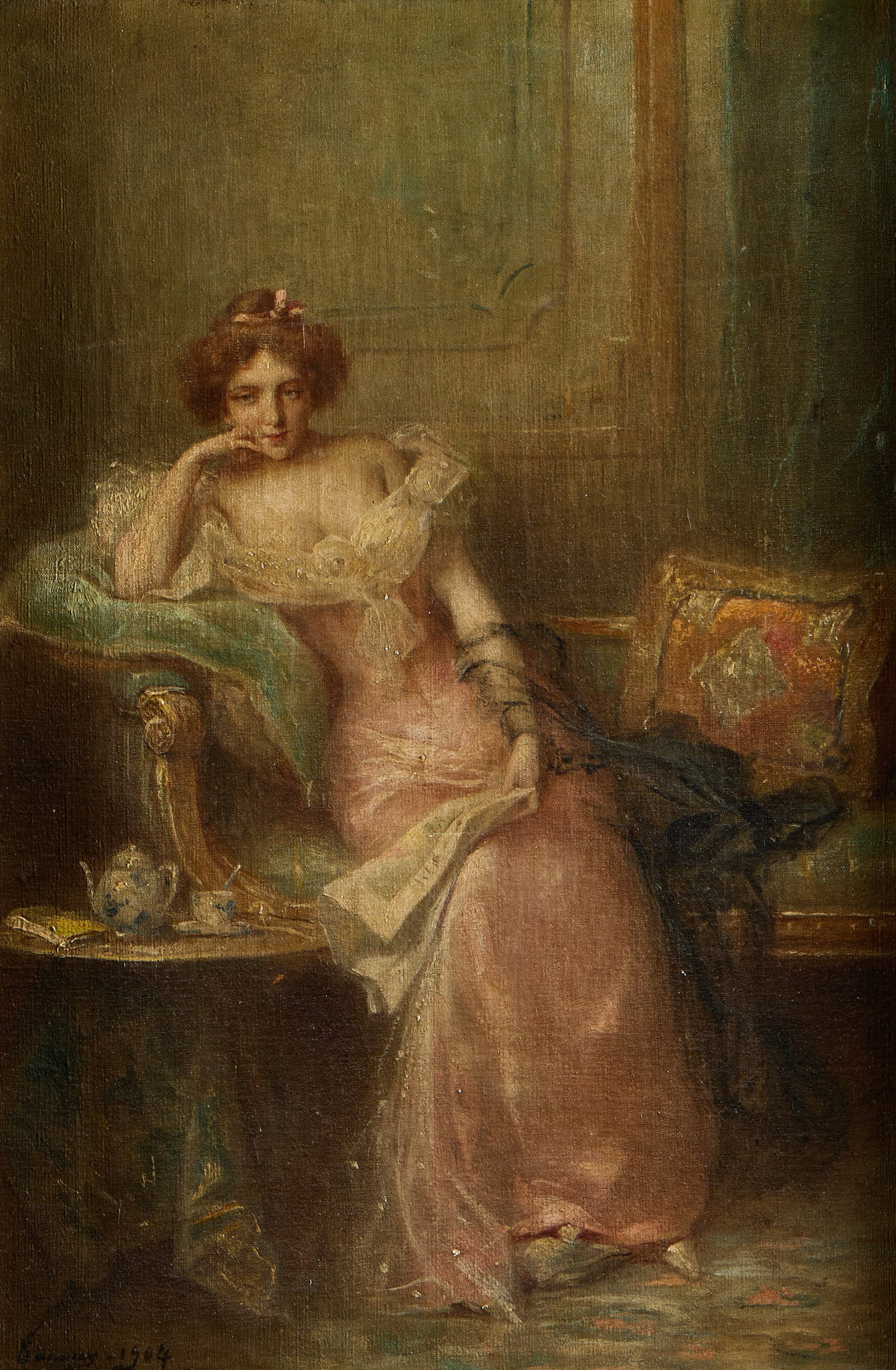 Henri Adrien Tanoux Portrait of Woman Oil Painting: Henri Adrien Tanoux (French, 1865-1923). Oil on canvas depicting a portrait of a seated Belle Epoque woman along an upholstered divan sofa, 1904. Possibly depicting Madame Paul Faure-Biguet, the wife 