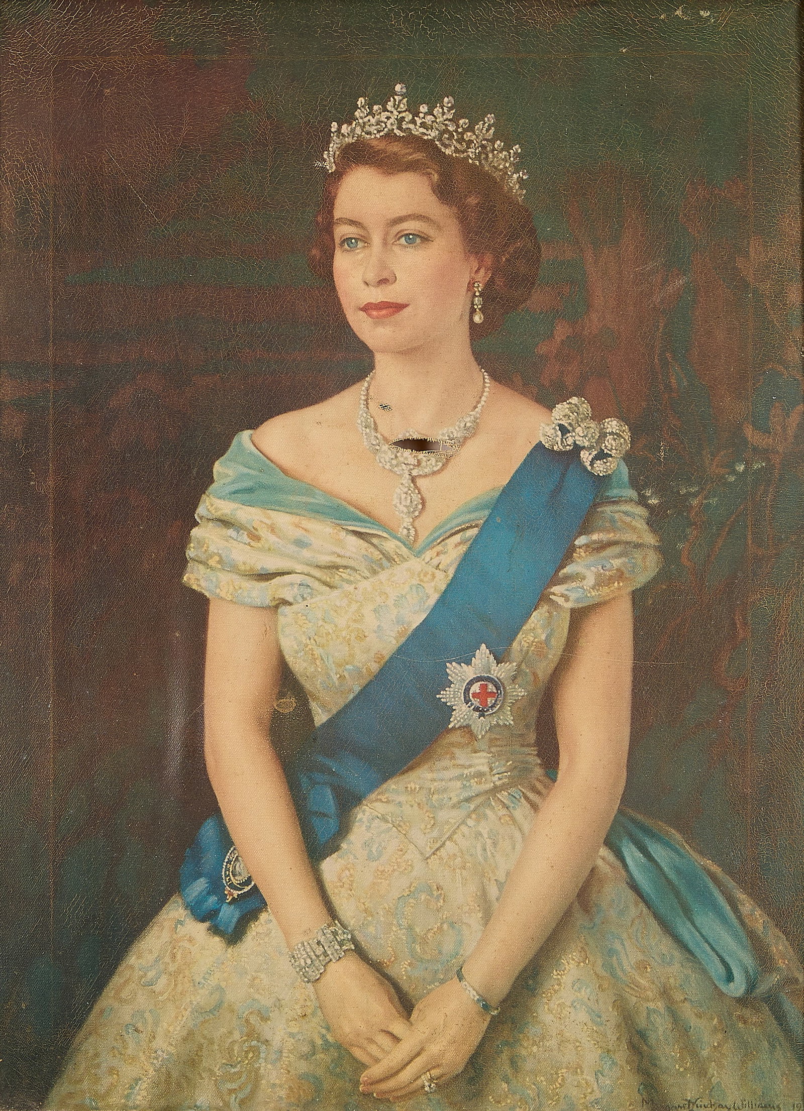 Aft. Margaret Williams Queen Elizabeth II Giclee: After Margaret Lindsay Williams (Welsh, 1888-1960). Giclee on canvas depicting a portrait of Queen Elizabeth II, 1952. Signed and dated in plate along the lower right. Unframed; height: 25 in x width:
