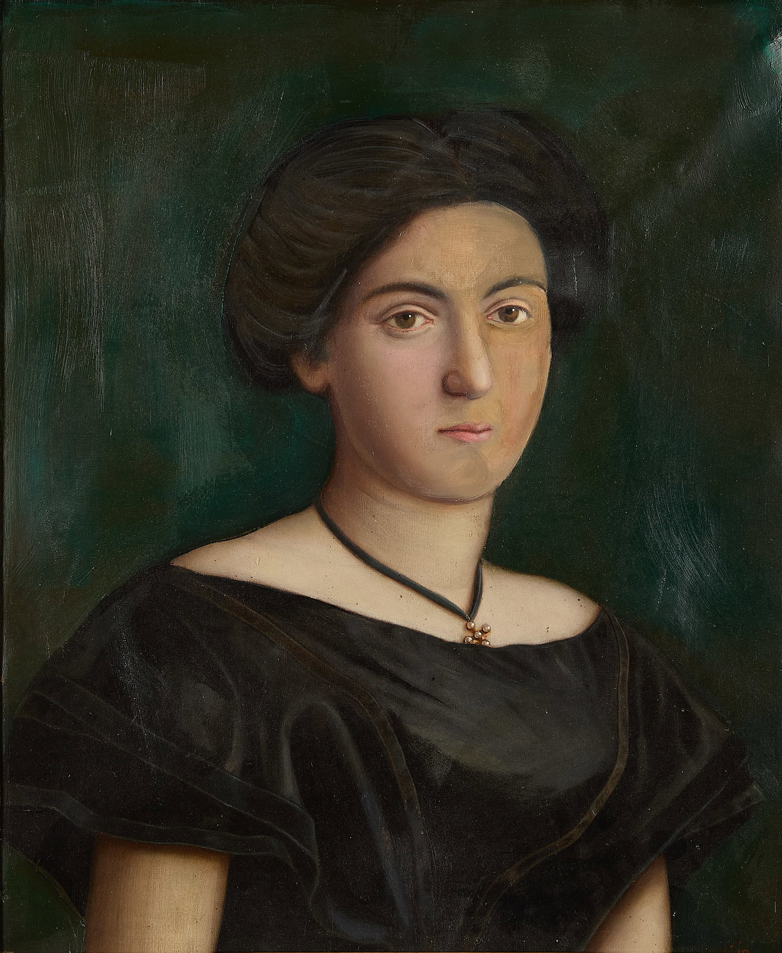 Signed Portrait of a Young Woman Oil Painting: Oil on canvas painting depicting the portrait of a young woman wearing a black dress. A signature is partially visible along the lower right corner; possibly reading "C. Seijo." Unframed; height: 23 3