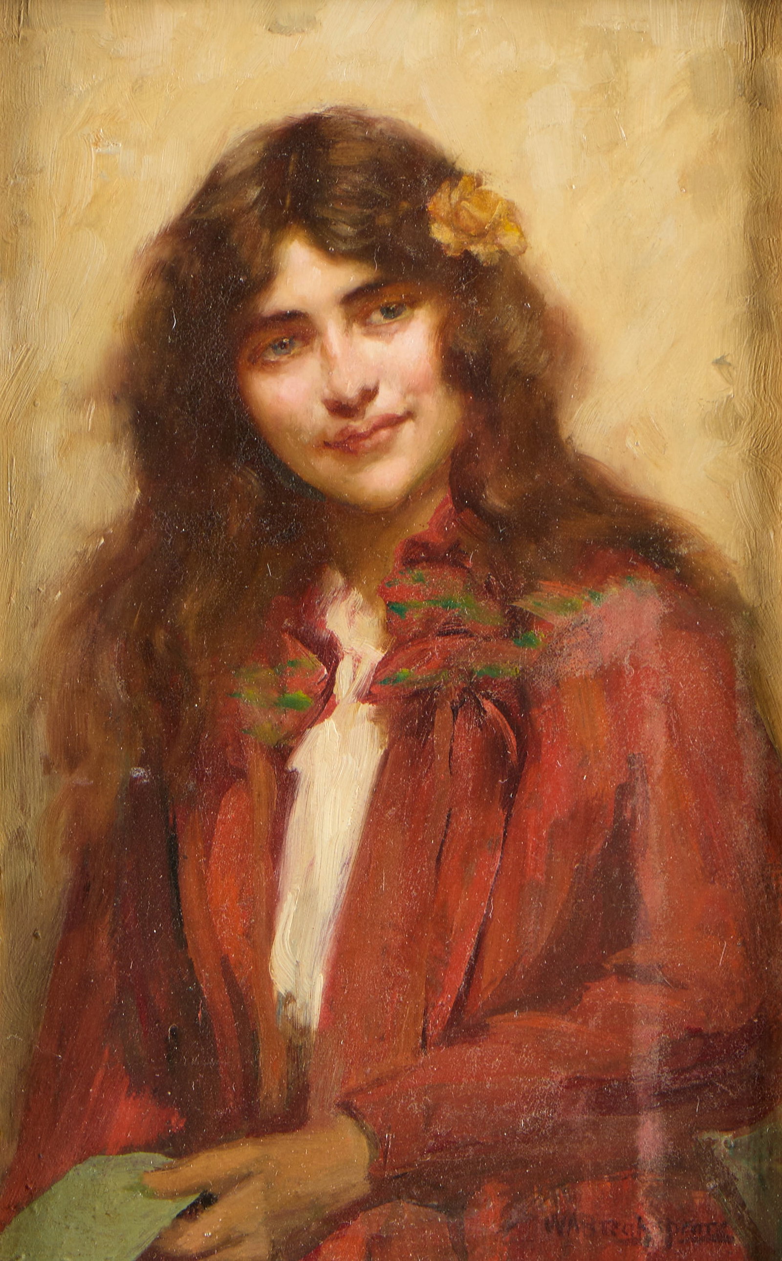 William Breakspeare Portrait of Girl Oil Painting: William Arthur Breakspeare (British, 1856-1914). Oil on copper panel painting depicting a young woman in a crimson red jacket, with a yellow flower delicately placed in her brown hair. Signed along th