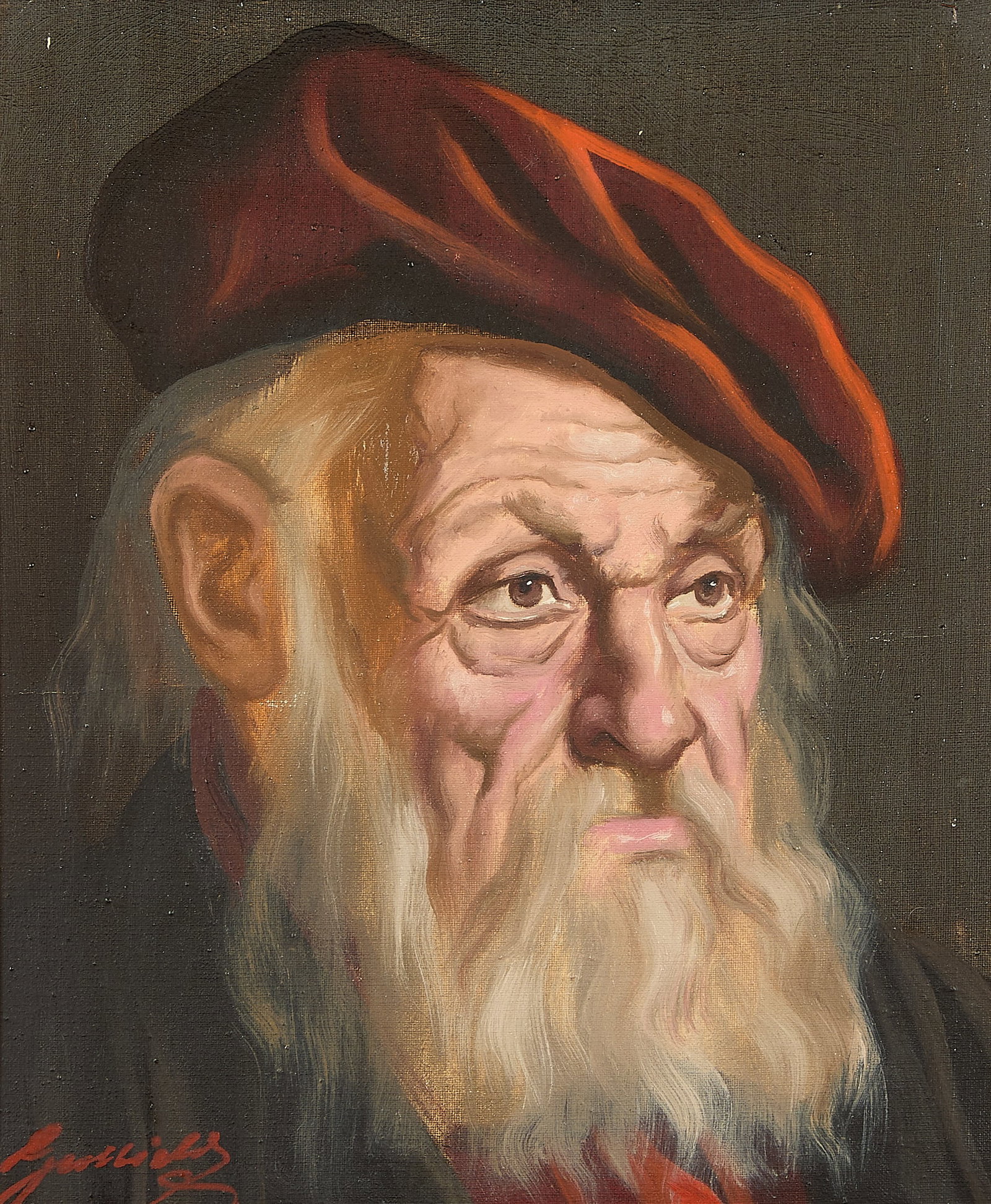 Jeno Gussich Portrait of an Older Man Oil Painting: Jeno Gussich (Hungarian, 20th century). Oil on canvas painting depicting the portrait of an older man with a red beret. Signed along the lower left. With a "The Painters Exhibition Copenhagen Denmark"