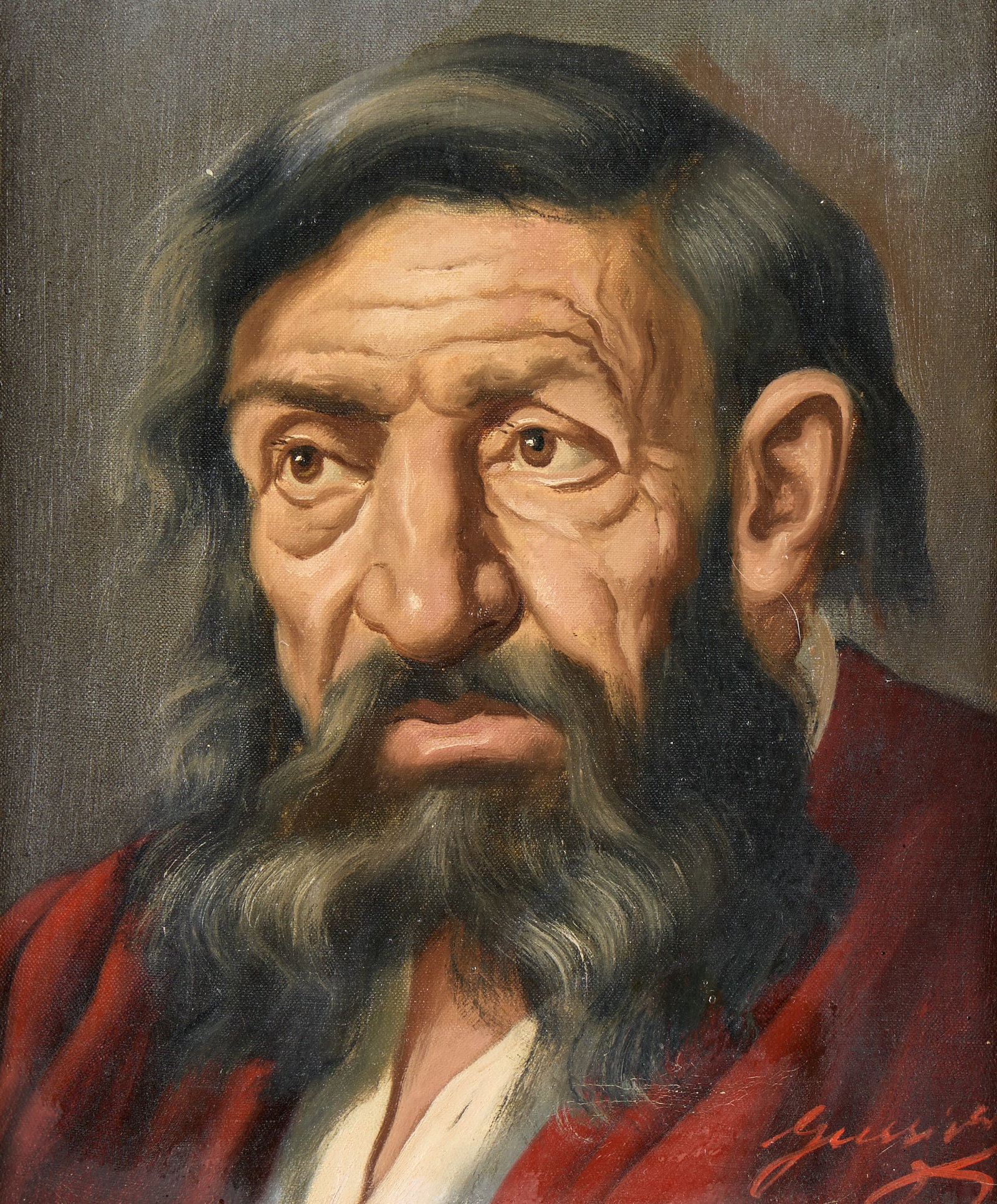 Jeno Gussich Portrait of a Man Oil Painting: Jeno Gussich (Hungarian, 20th century). Oil on canvas painting depicting the portrait of an older man wearing a crimson red jacket. Signed along the lower right Sight; height: 11 3/4 in x width: 9 3/4
