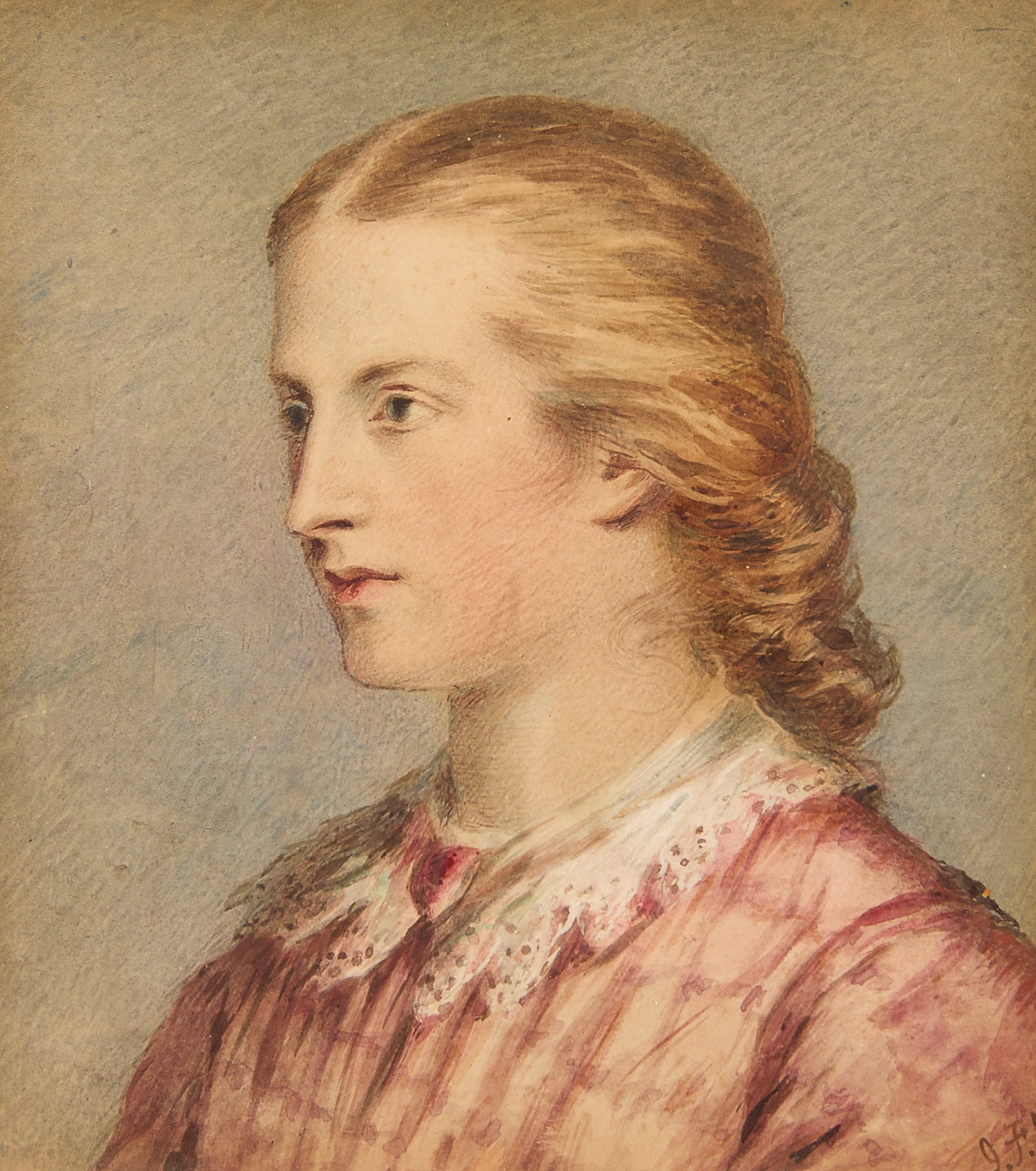 Ford Madox Brown "My Daughter" Watercolor Painting: Ford Madox Brown (British, 1821-1893). Watercolor on paper painting titled "My Daughter," late 19th century. Depicting a side portrait of a young girl wearing a muted pink dress accented by an intrica