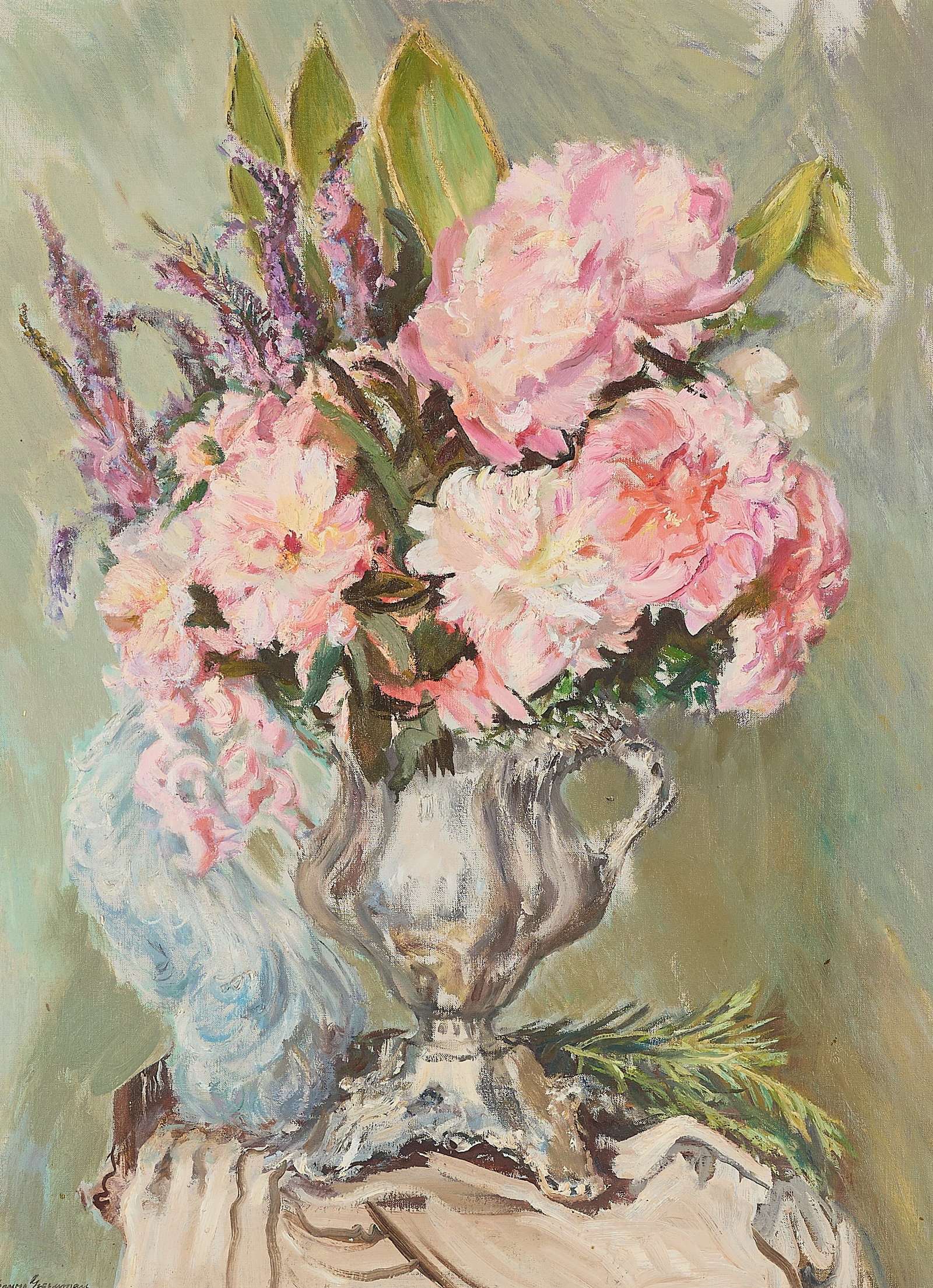 Frances Greenman Floral Still Life Painting 1947: Frances Greenman (American, 1890-1981). Oil on canvas floral still life painting, 1947. Depicting a vibrant bouquet of large pink peonies and purple lavender arranged in an ornate, reflective silver v