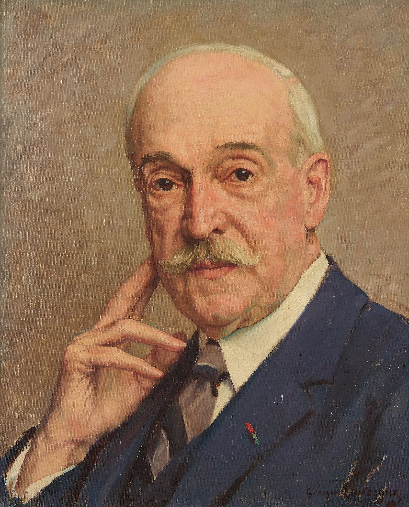 Georges Lavergne Portrait of a Man Oil Painting: Georges Lavergne (French, 1863-1942). Oil on canvas painting depicting the portrait of a mustached man in a navy suit with a striped tie. Signed along the lower right. Provenance: Freeman's Auction Ho