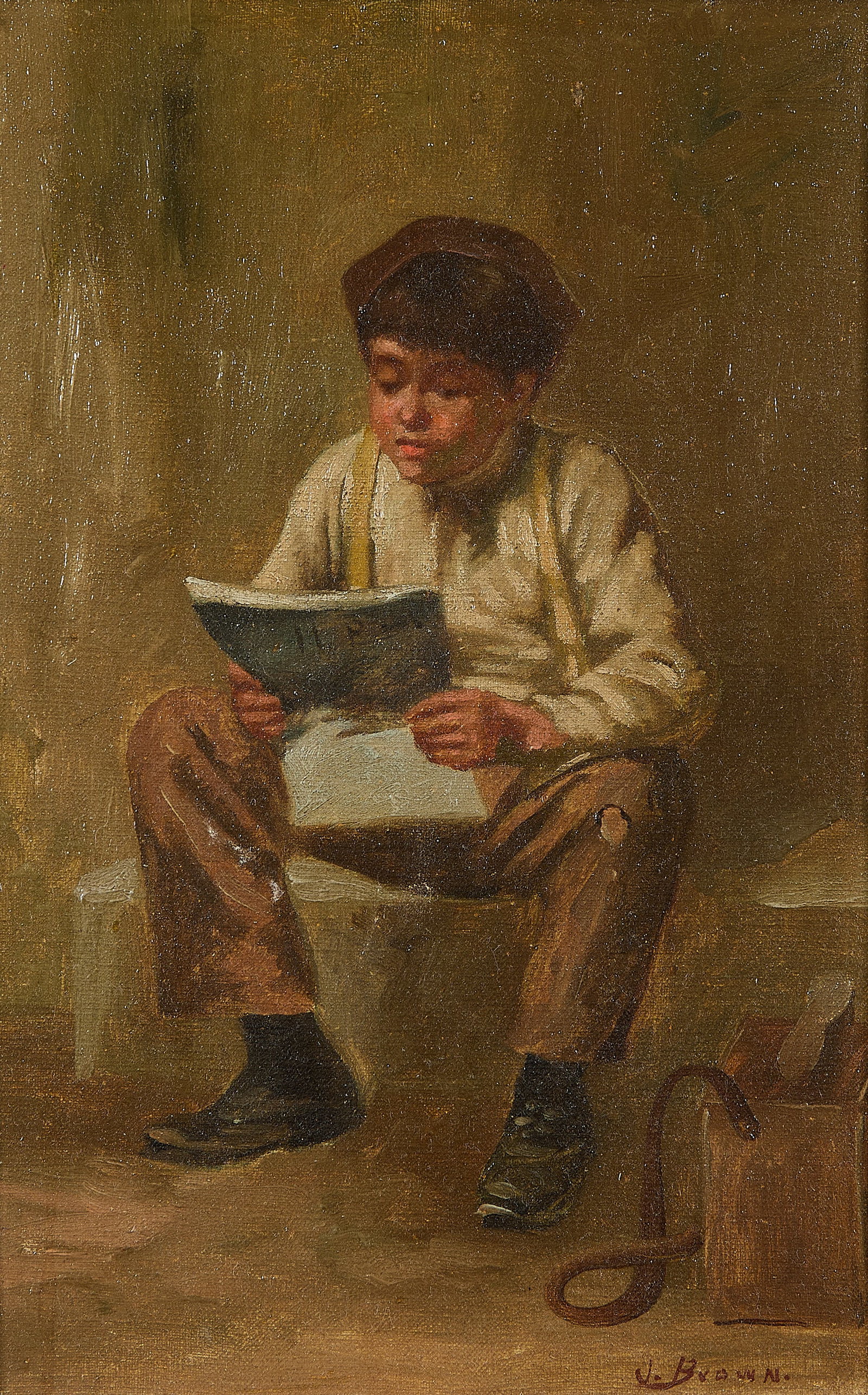 Signed J. Brown Boy Reading Oil Painting: Oil on canvas portrait of a boy reading a book. Signed "J. Brown" along the lower right corner. Sight; height: 11 1/2 in x width: 7 3/4 in. Framed; height: 20 1/2 in x width: 16 1/2 in x depth: 3 1/4 