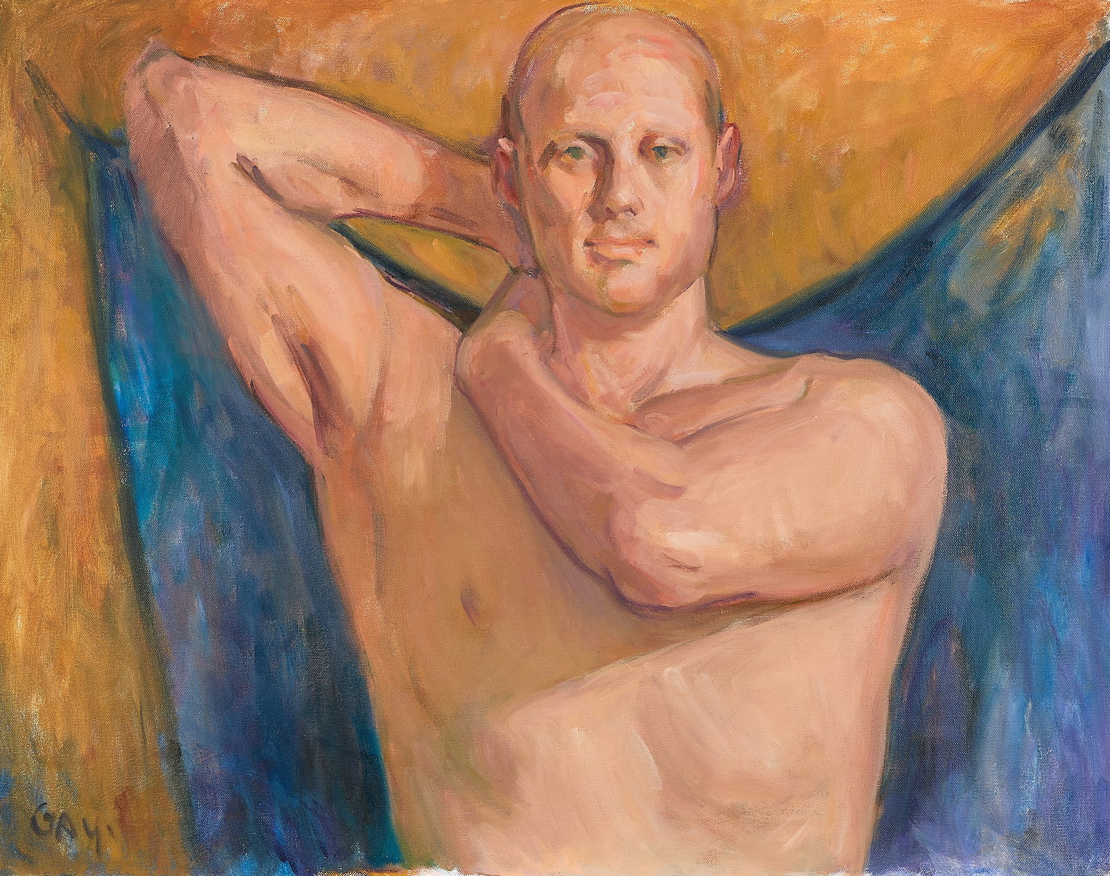 Virginia Tito Gay "Something About Bruce" Painting: Virginia "Tito" Gay (American, 1932-2024). Oil on canvas painting titled "Something about Bruce," depicting a shirtless man from the waist up. Signed along the lower left. Height: 22 1/4 in x width: 2