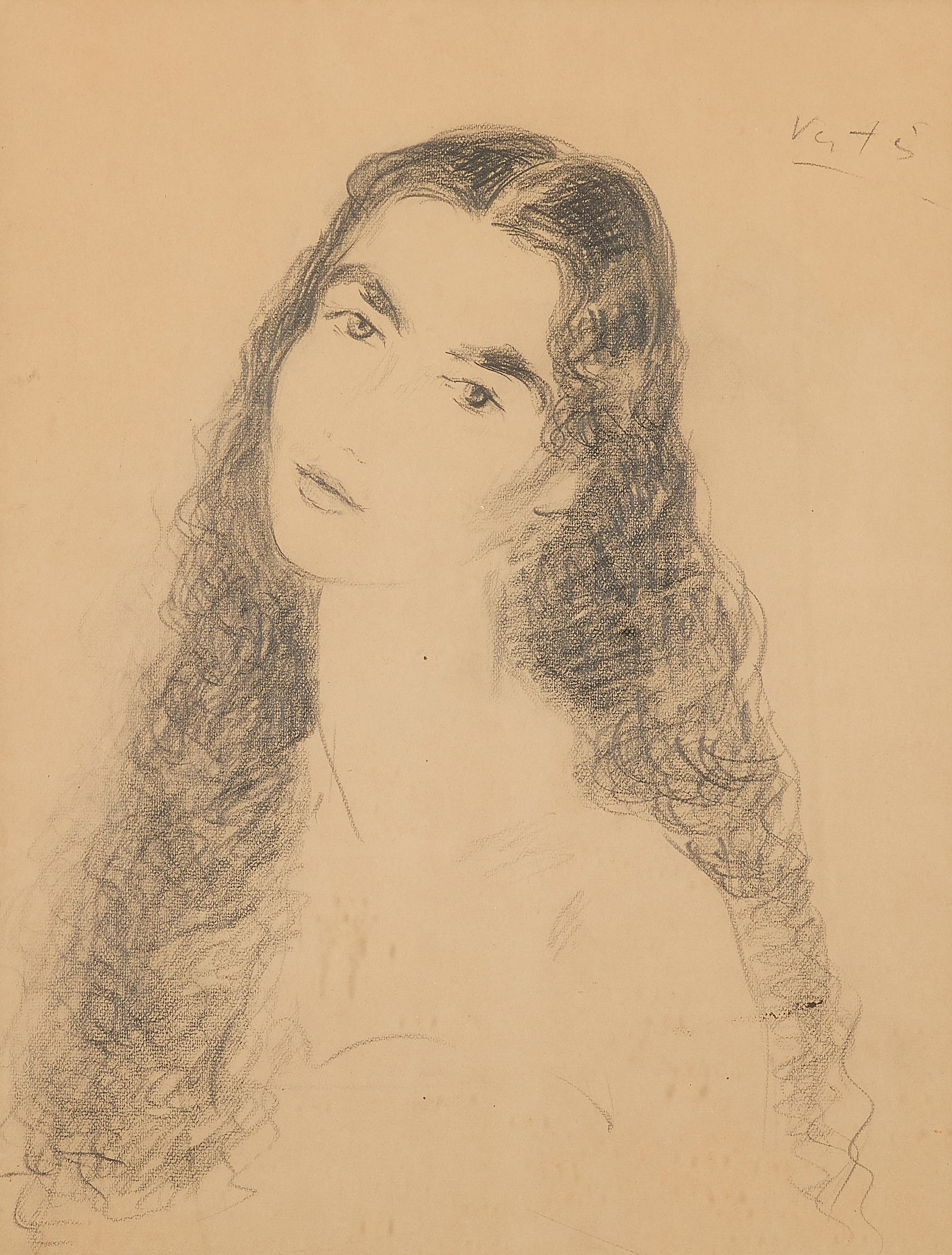 Marcel Vertes Portrait of a Woman Graphite Drawing: Marcel Vertes (Hungarian/French, 1895-1961). Graphite drawing depicting a portrait of a woman with long, dark hair. Signed along the upper right. Sight; height: 24 1/2 in x width: 18 1/2 in. Framed; h