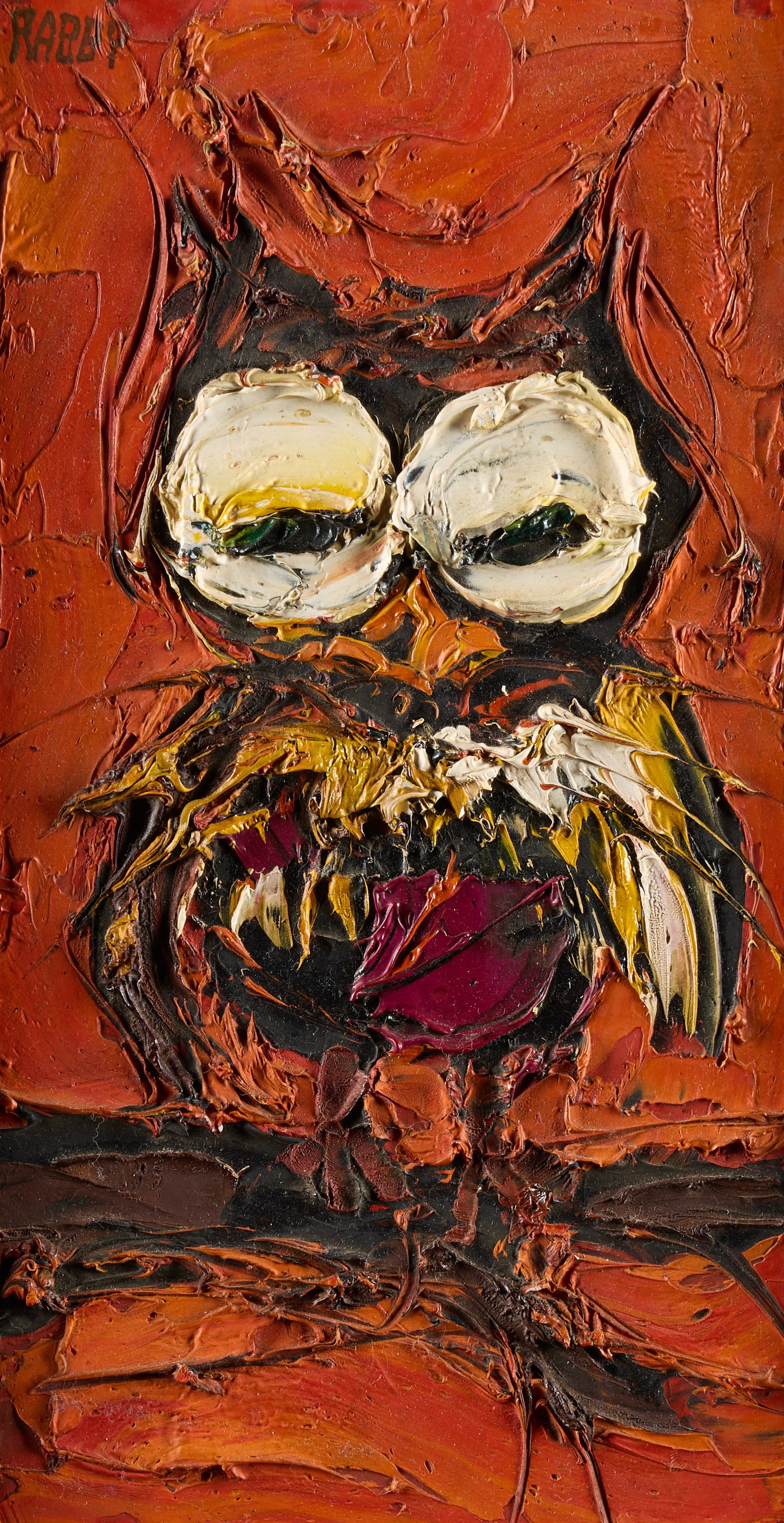 Jim Howard Rabby Oil on Board Owl Painting: Jim Howard Rabby (American, b. 1947). Oil on board painting depicting a thickly impastoed owl against a textured, bright orange ground, late 20th century. Signed along the upper left. Unframed; height