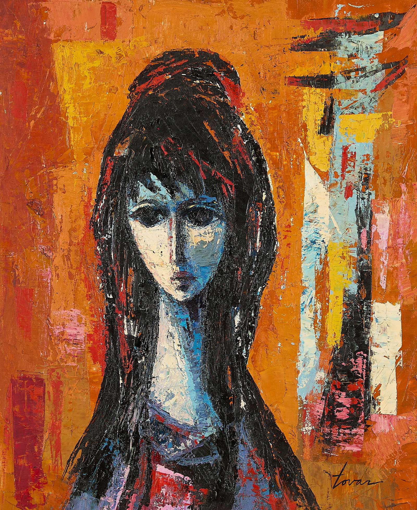 Ivan Tovar Study of a Woman Oil Painting: Ivan Tovar (Dominican, 1942-2020). Oil on canvas painting depicting the portrait of a woman. Signed along the lower right. Unframed; height: 24 1/4 in x width: 20 1/4 in. Framed; height: 31 3/4 in x w