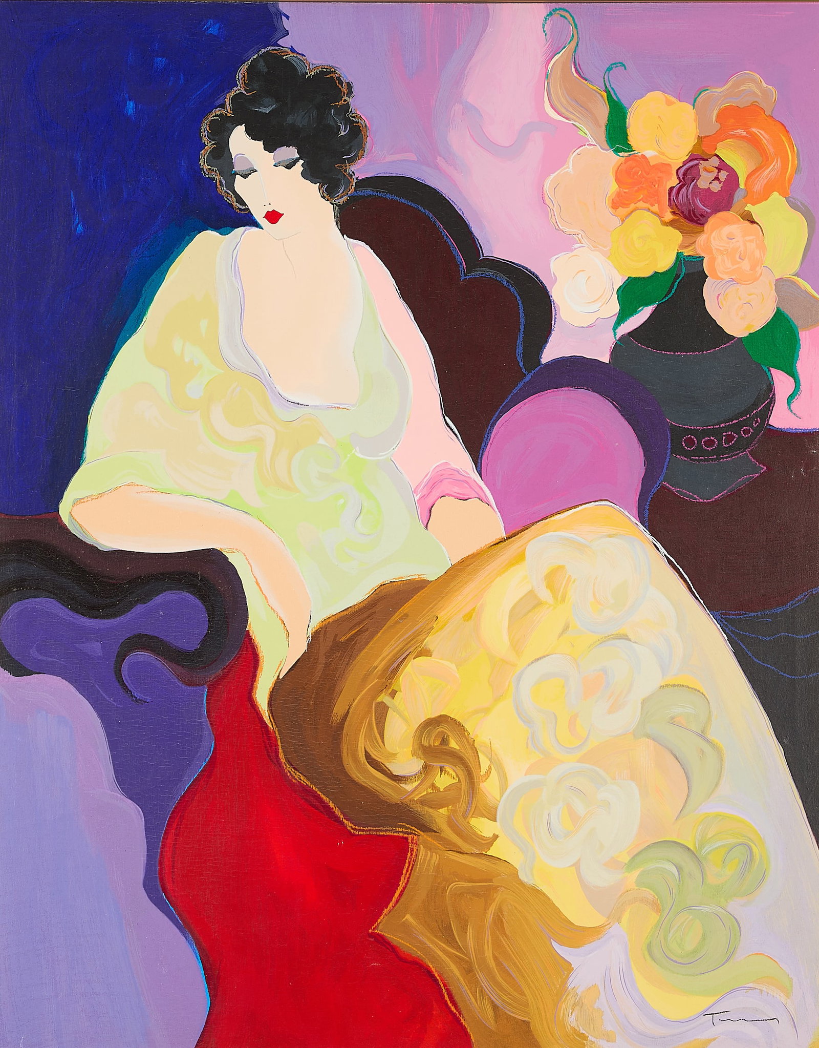 Itzchak Tarkay "Lady in Yellow" Serigraph: Itzchak Tarkay (Israeli, 1935-2012). Deluxe edition serigraph on canvas print titled "Lady in Yellow," depicting a lounging woman draped in yellow garments with a bouquet in full bloom beside her. Sig