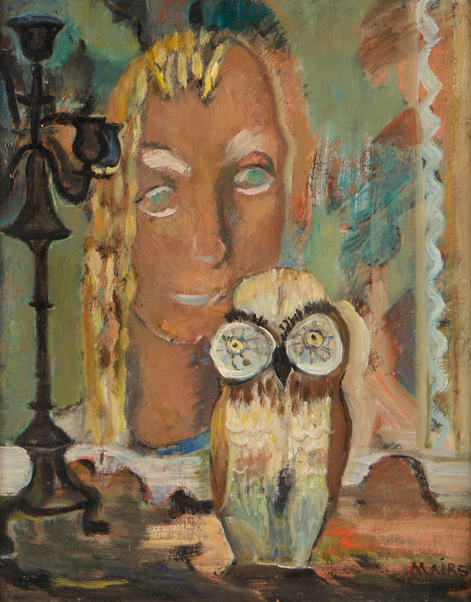 Clara Gardner Mairs "Head & Owl" Oil Painting: Clara Gardner Mairs (American, 1878-1963). Oil on board painting titled "Head & Owl," depicting the face of a blonde figure and a wide-eyed owl. Signed along the lower right. With a residual label alo