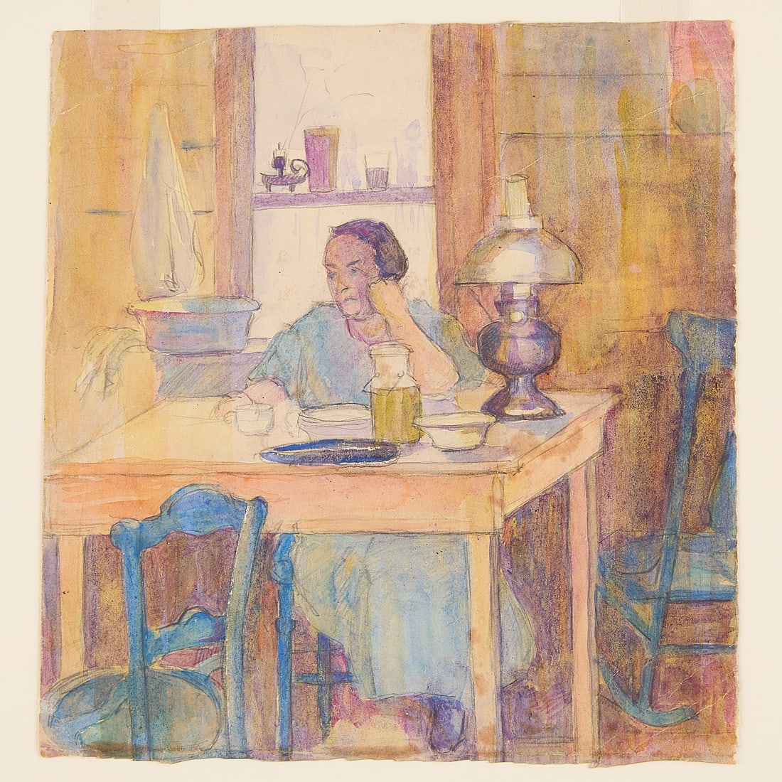 Clara Mairs Portrait of a Seated Woman Watercolor: Clara Gardner Mairs (American, 1878-1963). Watercolor on paper painting depicting a portrait of a seated woman, circa 1925. Featuring a lone woman seated at a wooden dining table next to an oil lamp, 