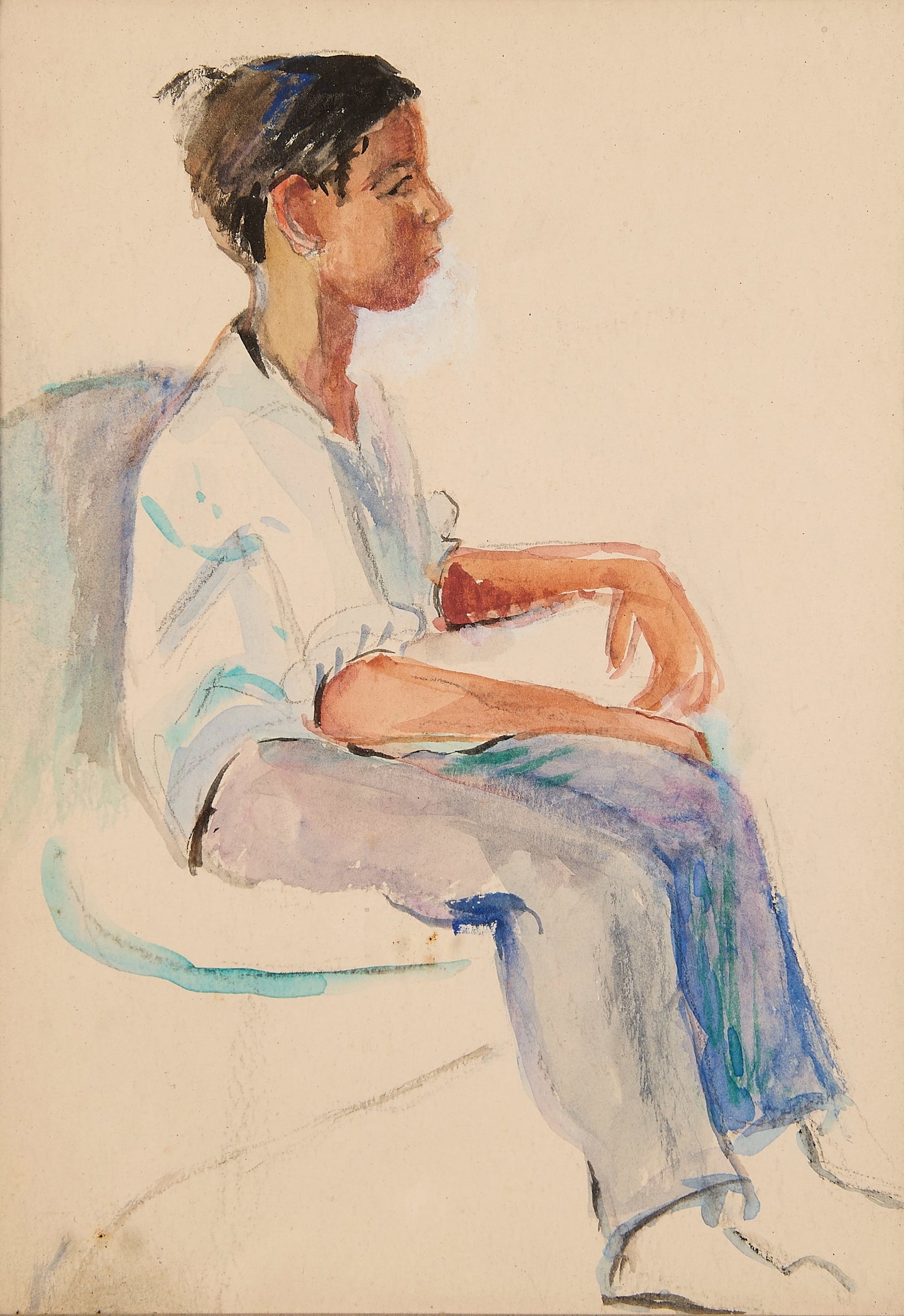 Clara Mairs Sketchbook Portrait Painting 1957: Clara Gardner Mairs (American, 1878-1963). Watercolor on paper painting depicting the portrait of a young boy in profile. With an inscription along the verso reading "From Clara Mairs sketchbook. Mont