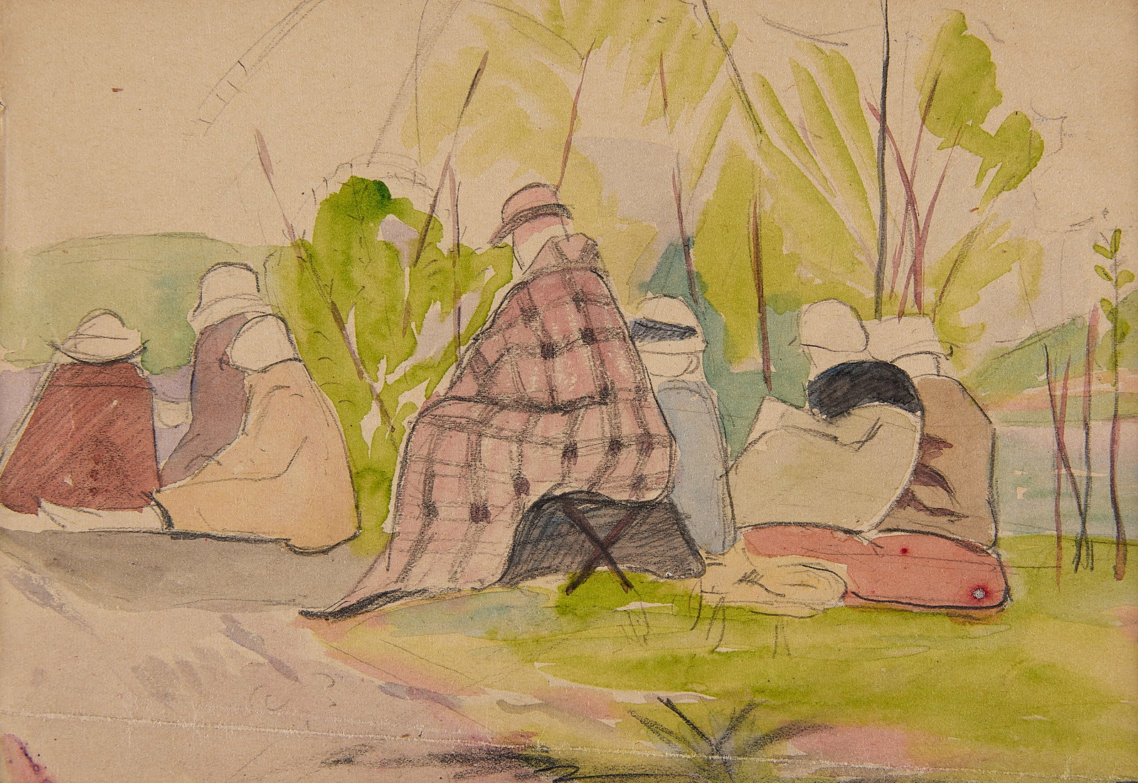 Clara Mairs Figures Sketching Watercolor: Clara Gardner Mairs (American, 1878-1963). Watercolor on paper painting depicting a group of figures sketching along the edge of a tranquil waterway. Pencil inscribed "01.0206.125" along the upper lef