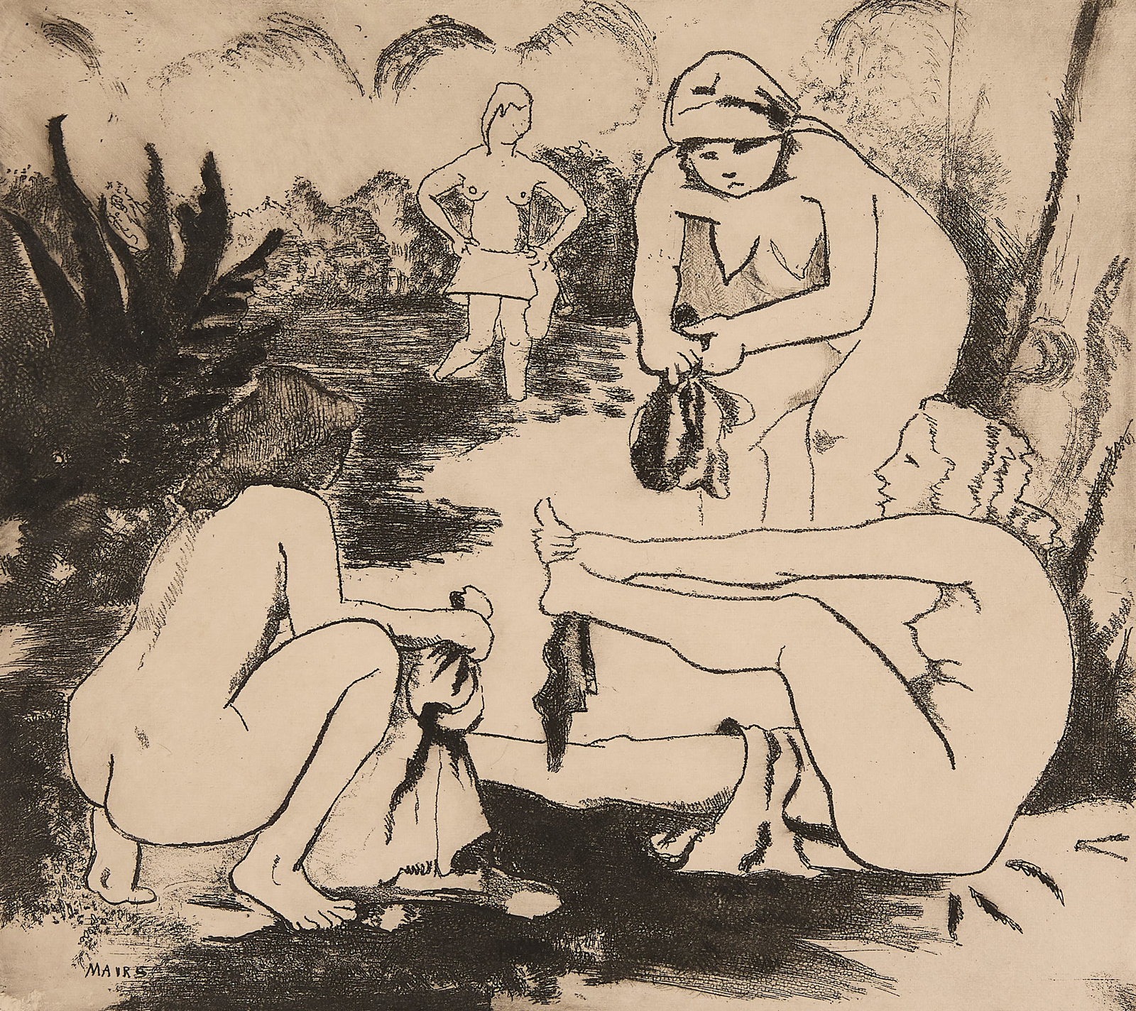 Clara Mairs "Three Women Dressing" Etching: Clara Gardner Mairs (American, 1878-1963). Etching on paper print titled "Three Women Dressing," circa 1930. Depicting three nude female figures dress along the riverbank after bathing. Pencil signed 