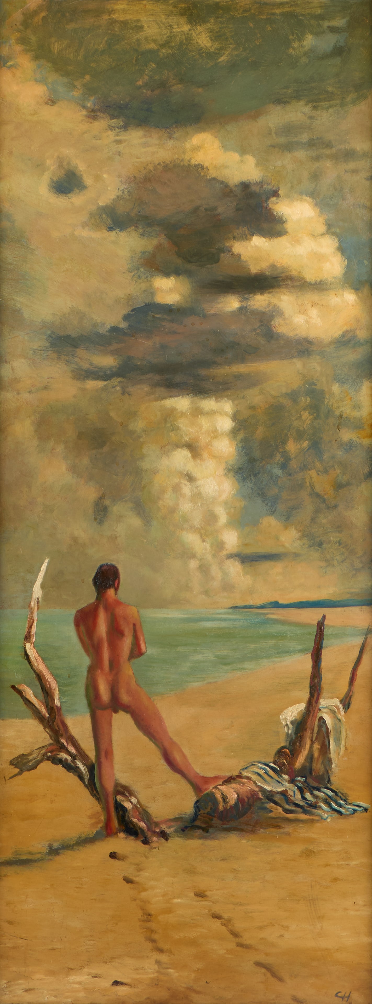 Clement Haupers Nude Seascape Painting: Clement Bernard Haupers (Minnesotan, 1900-1982). Oil on board nude seascape painting, 20th century. Depicting a lone, nude male figure standing atop driftwood along a sandy beach gazing towards the ex