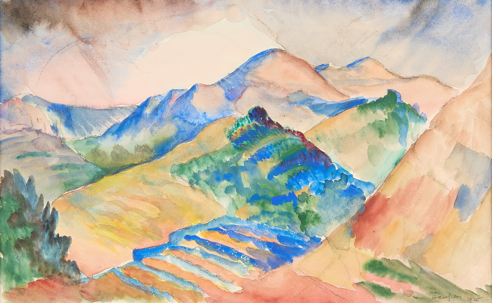 Clement Haupers Landscape Watercolor 1925: Clement Haupers (American, 1900-1982). Watercolor on paper landscape painting, 1925. Depicting a vibrantly colored mountainous landscape scene featuring vivid blues, bright yellows, and deep greens. P