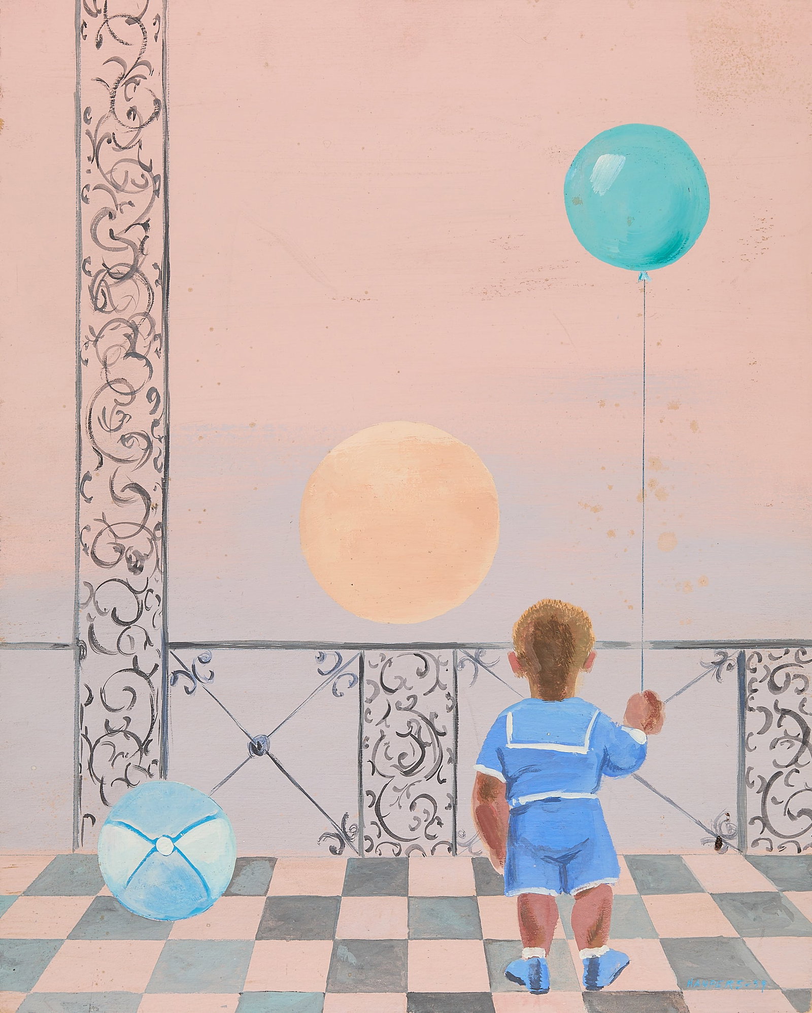 Haupers "Boy, Balloon, Ball, Moon" Painting 1959: Clement Haupers (American, 1900-1982). Oil on board painting titled "Boy, Ball, Balloon, Moon," 1959. Depicting a young boy standing along a balcony looking out at the moon, with a rounded ball to his