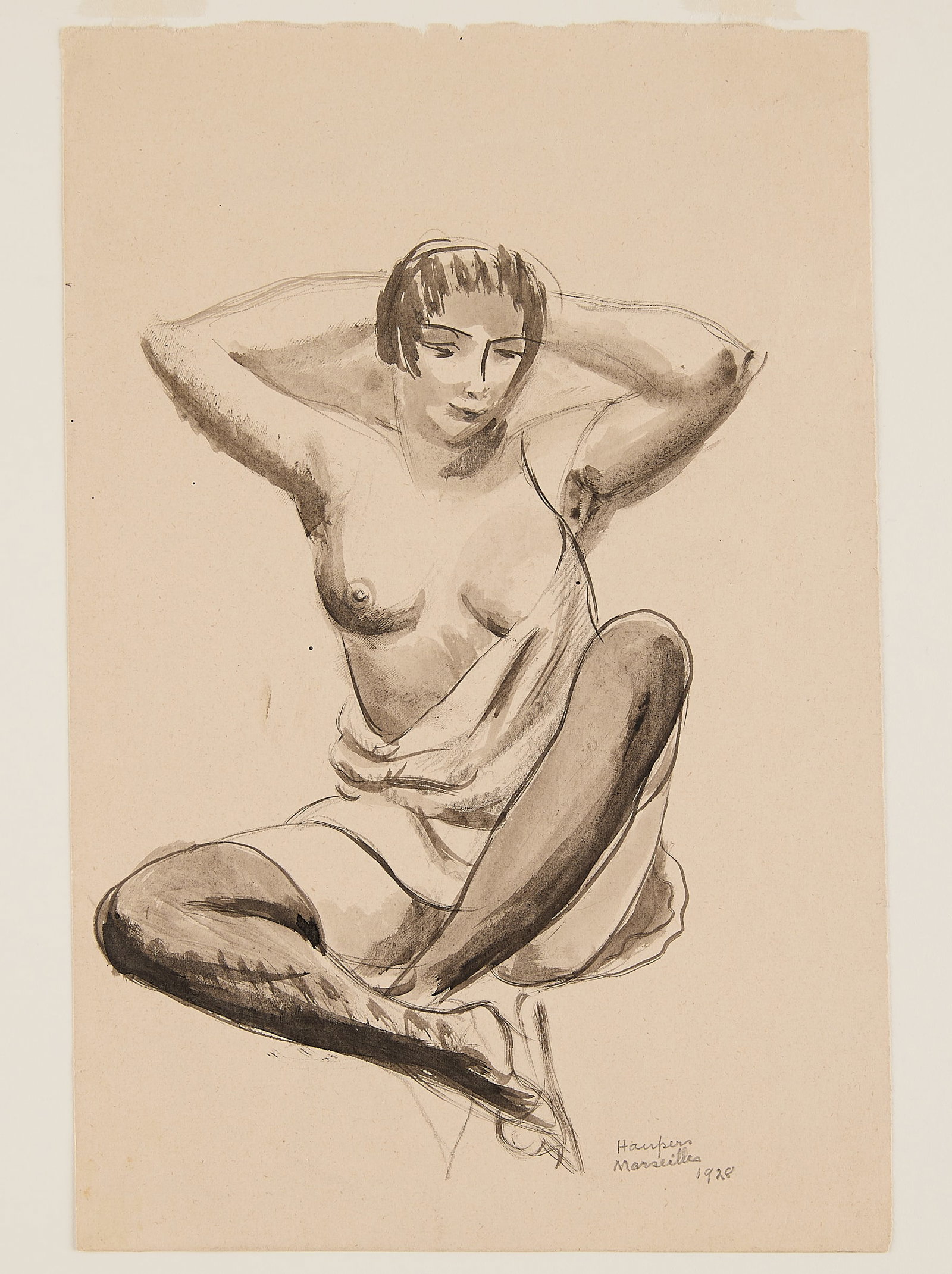 Clement Haupers Nude Ink Wash Painting 1928: Clement Haupers (American, 1900-1982). Ink wash on paper painting depicting a seated, partially nude female figure, 1928. Pencil signed, dated, and inscribed "Marseilles" along the lower right. Marsei