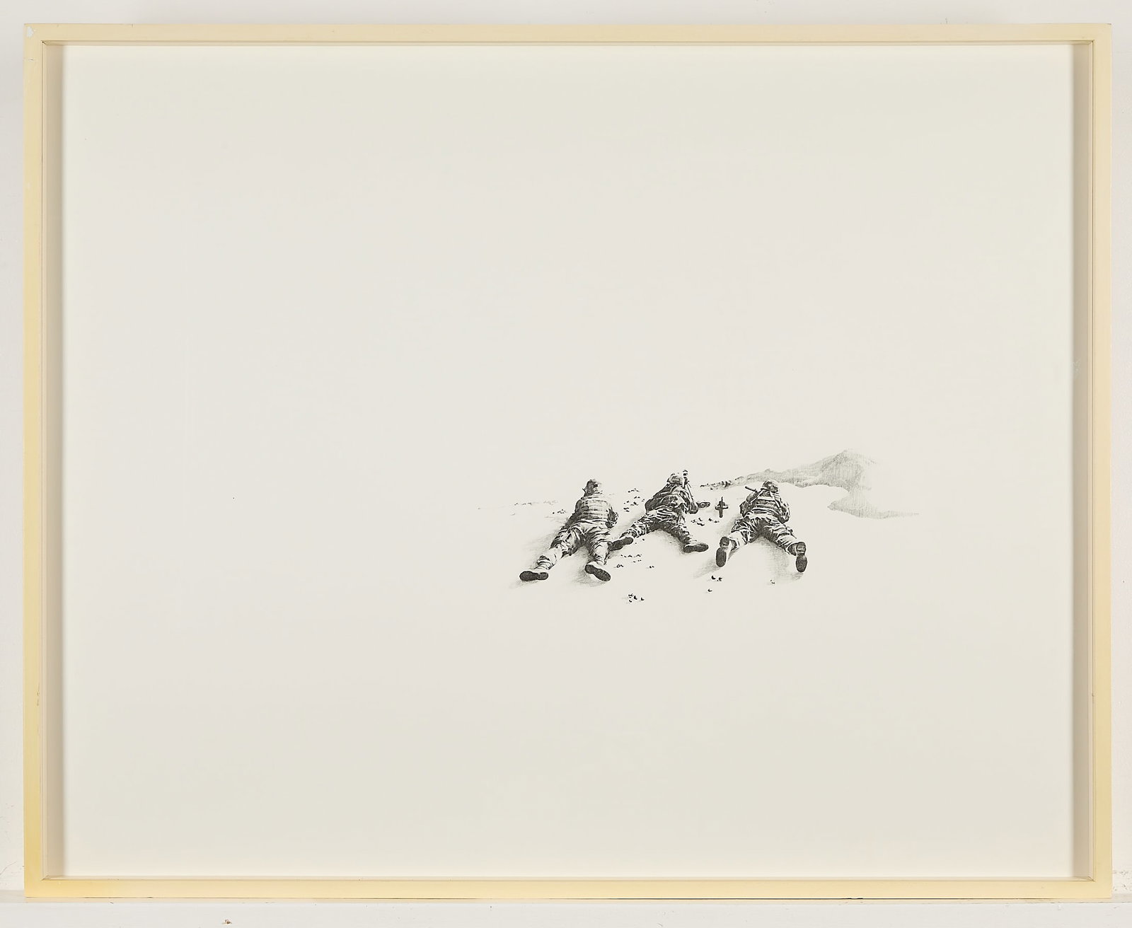 Megan Vossler "Reconnaissance" Drawing 2007: Megan Vossler (American, 20th/21st century). Graphite drawing on mat board titled "Reconnaissance: September 1, 2006 (Operation Lion Phase III)," 2007. Depicting three soldiers laying on their stomach