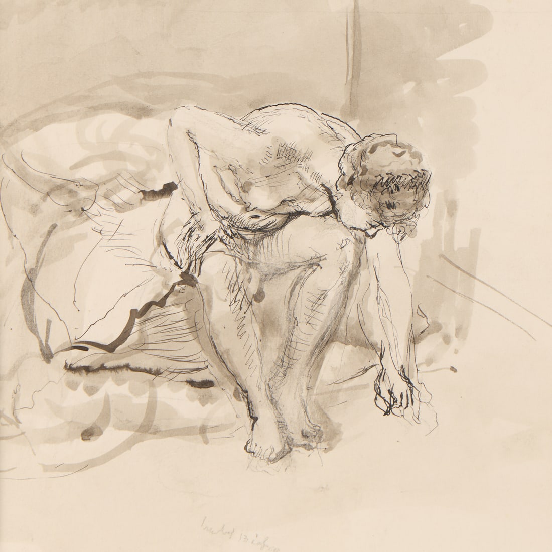 Isabel Bishop "Nude Reaching" Ink Wash: Isabel Bishop (American, 1902-1988). Ink wash on paper painting titled "Nude Reaching," circa 1947. Depicting a nude woman seated upon a cloth draped chair leaning forward as she reaches for something