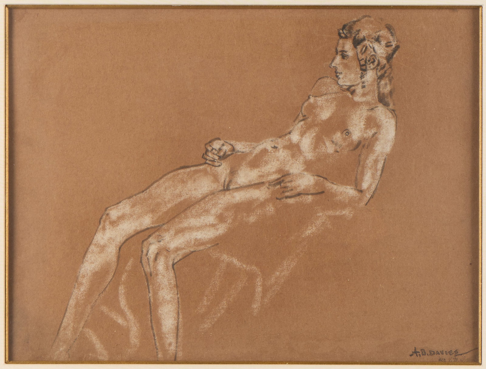 Arthur Davies "Reclining Nude #3" Pastel Drawing: Arthur Bowen Davies (American, 1862-1928). Pastel on colored paper drawing titled "Reclining Nude #3." Depicting a reclining, nude female figure rendered in black outline and white pastel highlights. 