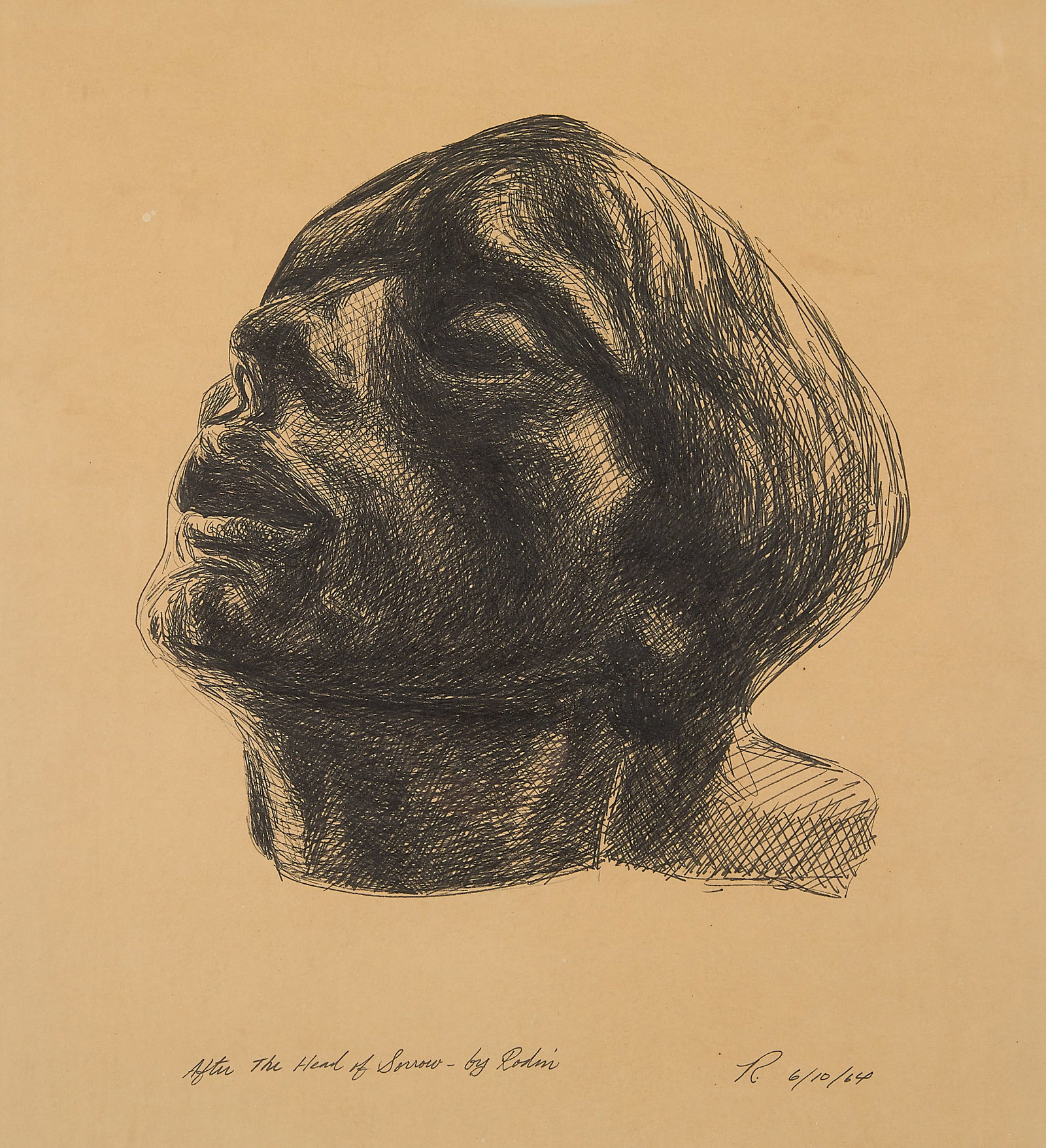 After Auguste Rodin "Head of Sorrow" Lithograph: After Auguste Rodin (French, 1840-1917). Lithograph print on paper depicting a mournful visage, 1964. After Rodin's bronze sculpture titled "Head of Sorrow." Titled and dated 6/10/1964 along the lower