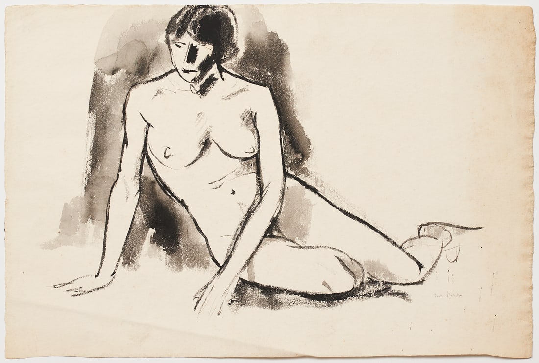 B. J. O. Nordfeldt Female Nude Charcoal Wash: Bror Julius Olsson Nordfeldt (American, 1878-1955). Charcoal wash on paper drawing depicting a seated female nude. Signed in pencil along the lower right. Penciled inscription along the lower right of