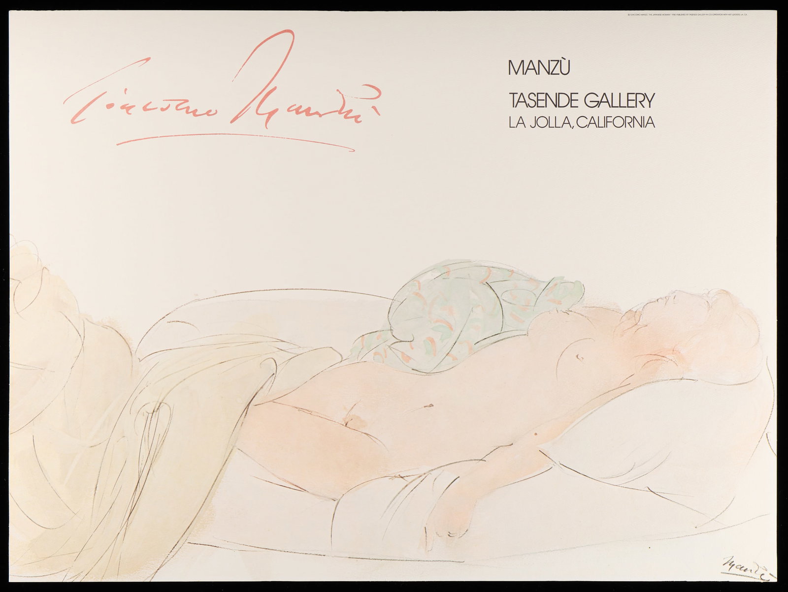 Giacomo Manzu Tsende Gallery Exhibition Poster: Giacomo Manzu (Italian, 1908-1991). Tsende Gallery Exhibition poster print on paper depicting a nude figurative drawing by Manzu, 1979. Featuring a nude female figure reclining languidly upon a couch,