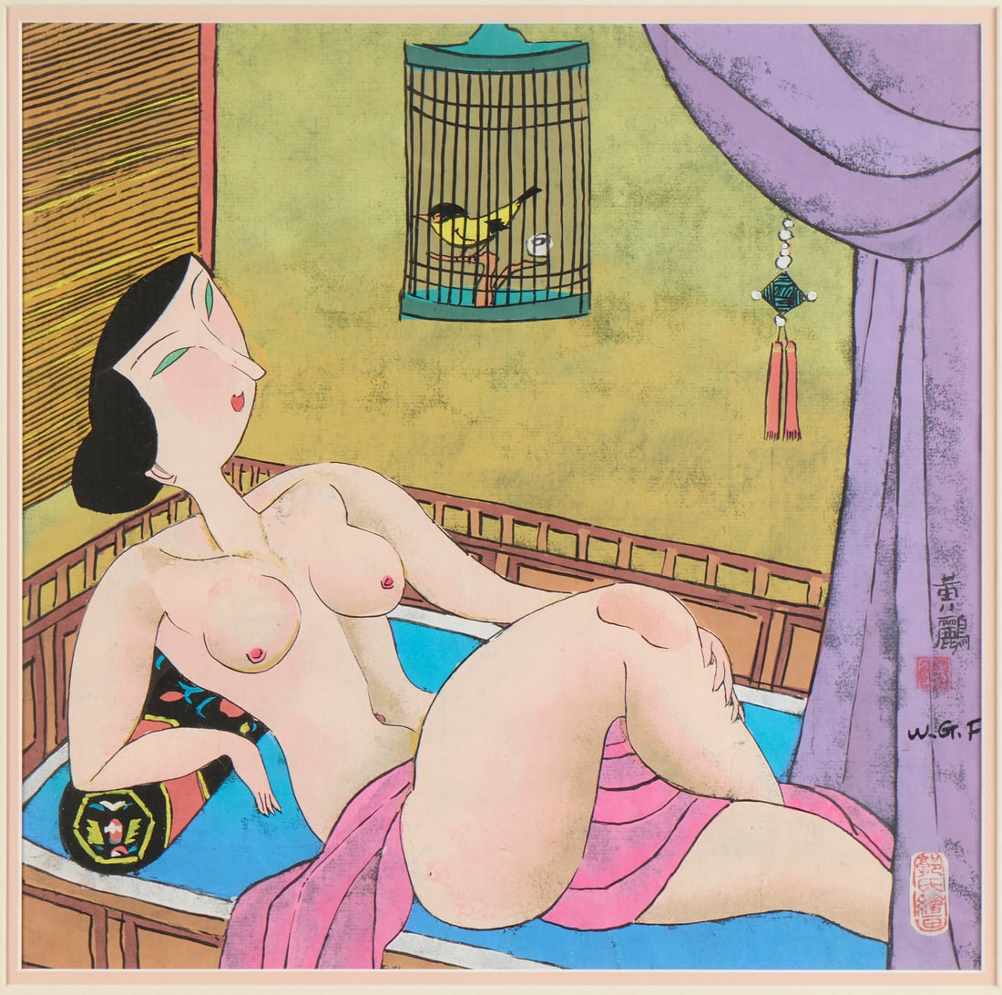 Style of Hu Yongkai Nude Woman Oil Painting: Style of Hu Yongkai (Chinese, b. 1945). Oil on paper painting depicting a lounging, nude female figure. Initialed "W.G.F" along the lower right. With a Call of the Wild gallery label affixed along