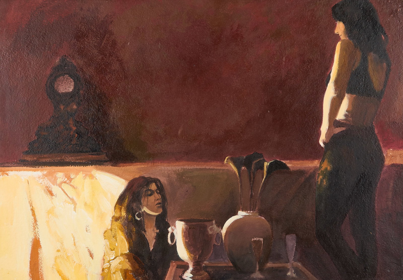 Ramon Lombarte "Black Lilies #3" Acrylic Painting: Ramon Lombarte (Spanish, 1956-2021). Acrylic on paper laid board painting titled "Black Lilies #3." Depicting two women in an intimate, low-lit interior scene. One woman stands on the right, captured 
