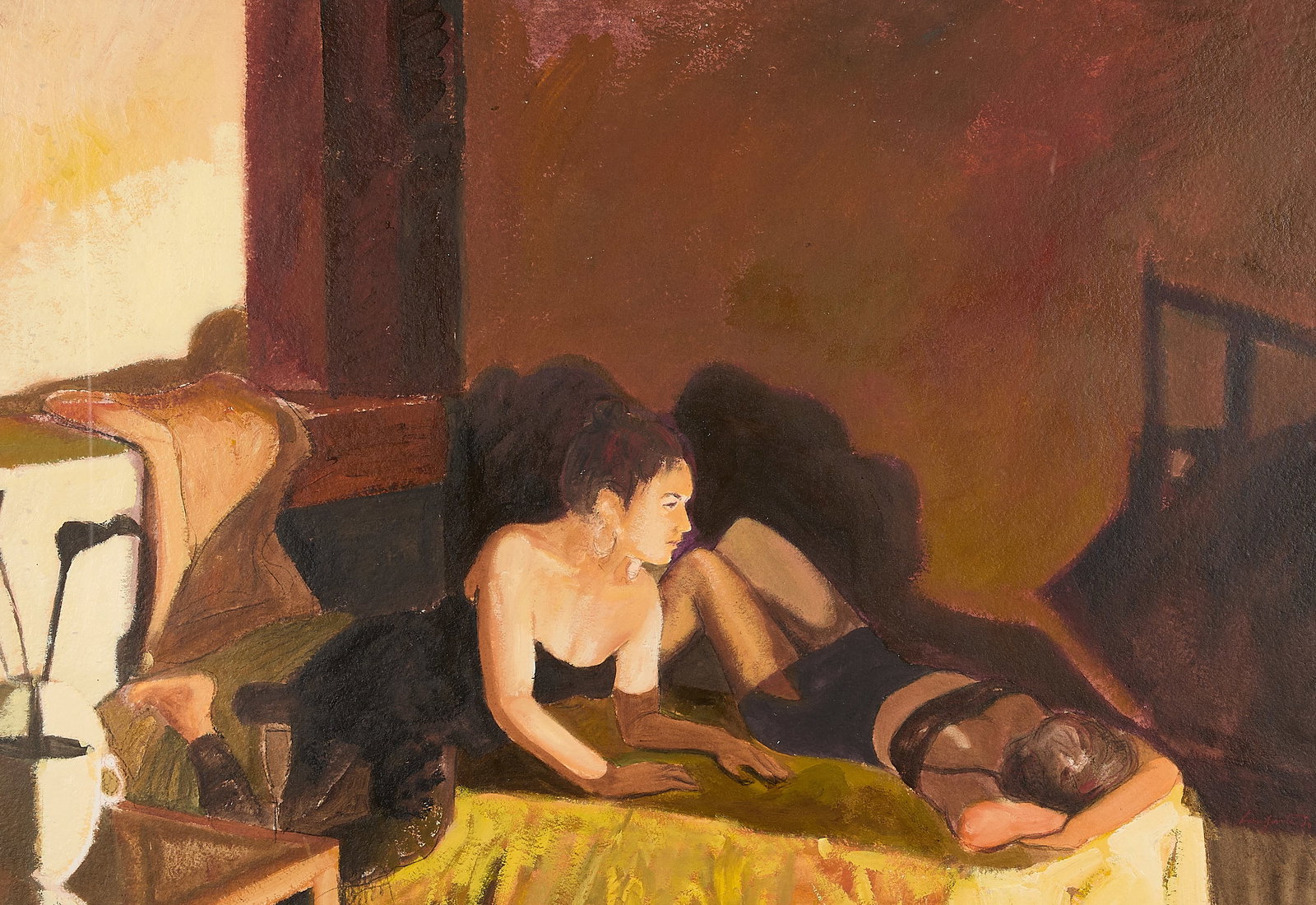Ramon Lombarte Reclining Figures Acrylic Painting: Ramon Lombarte (Spanish, 1956-2021). Acrylic on paper laid board painting depicting two reclining female figures on a small bed or settee, 1950. Signed and dated along the lower right. With a pencil i