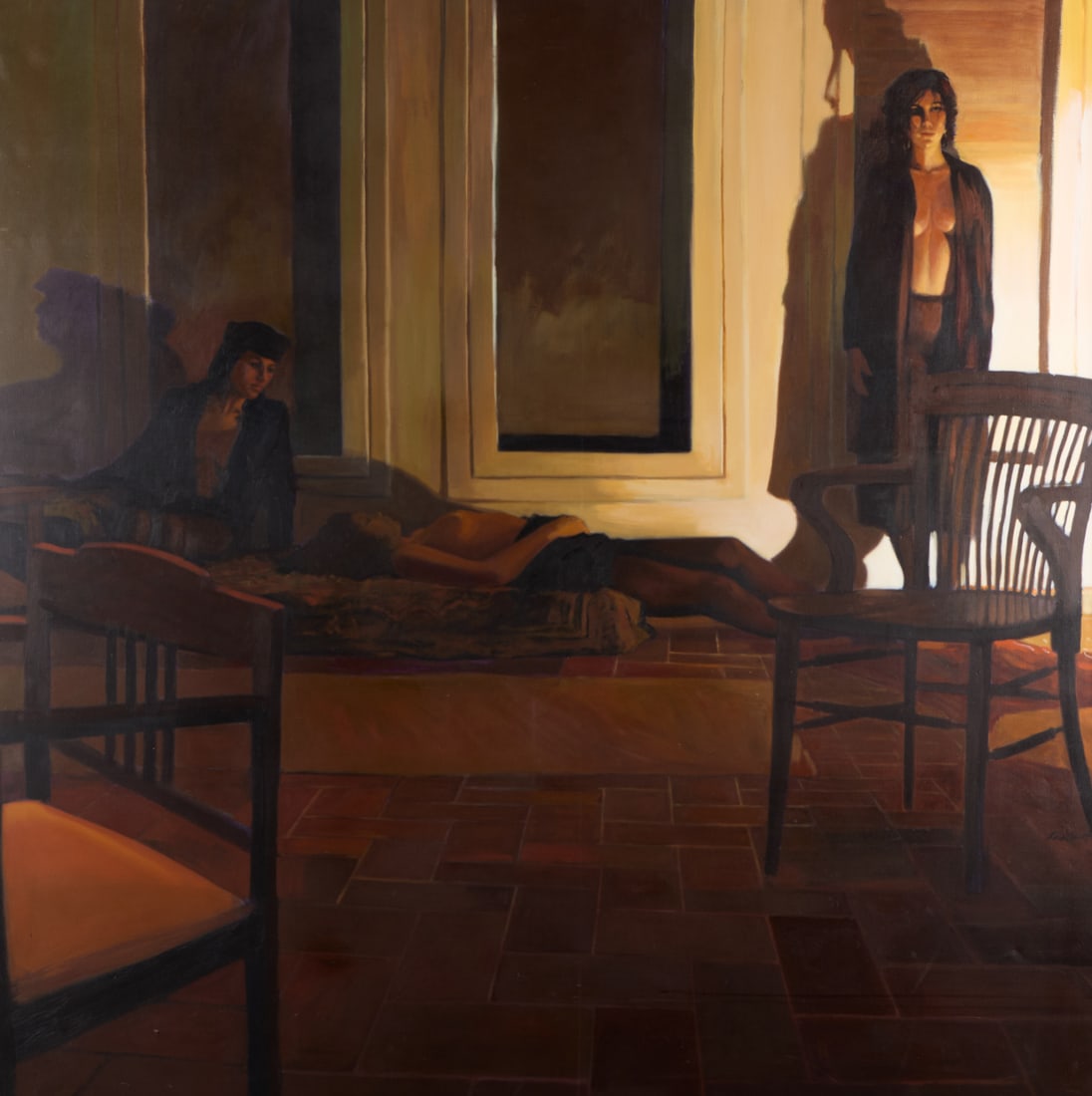 Poss. Ramon Lombarte Nude Figurative Painting: Possibly Ramon Lombarte (Spanish, 1956-2021). Oil on canvas painting depicting three partially nude female figures in an interior scene. Featuring dramatic lighting forming stark, elongated shadows ag