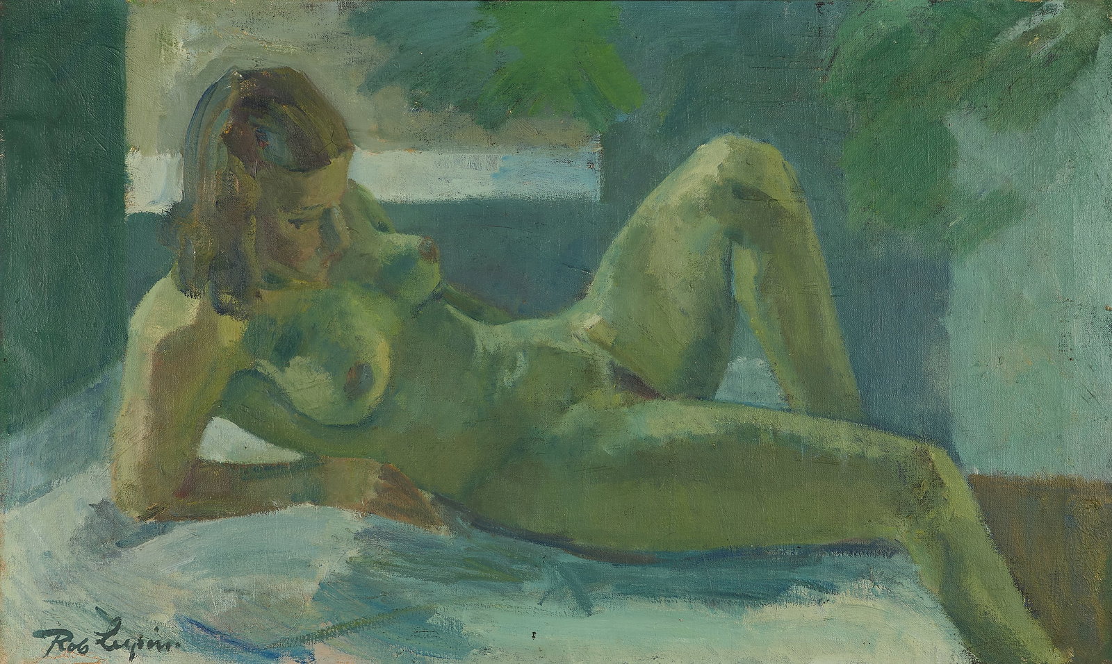 Robert Leepin Nude Oil on Canvas Painting: Robert Leepin (Danish, 1885-1967). Oil on canvas painting depicting a lounging nude woman. Signed along the lower left. Unframed; height: 30 in x width: 49 1/2 in. Framed; height: 33 in x width: 52 3/