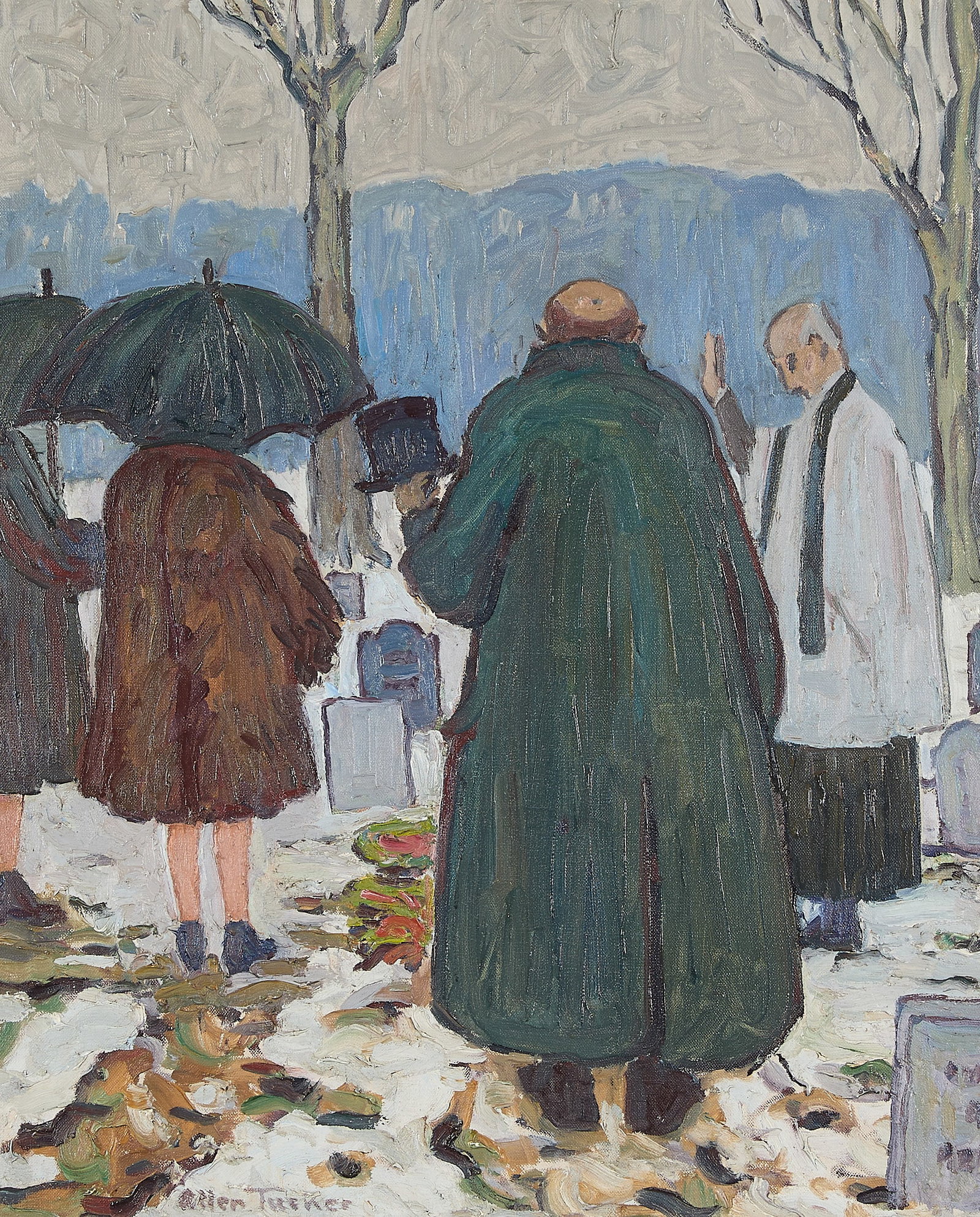 Allen Tucker "The Burial" Oil on Canvas Painting: Allen Tucker (American, 1866-1939). Oil on canvas impressionist painting titled "The Burial," depicting a solemn funerary scene. Signed along the lower left; with a toned paper label along the verso. 