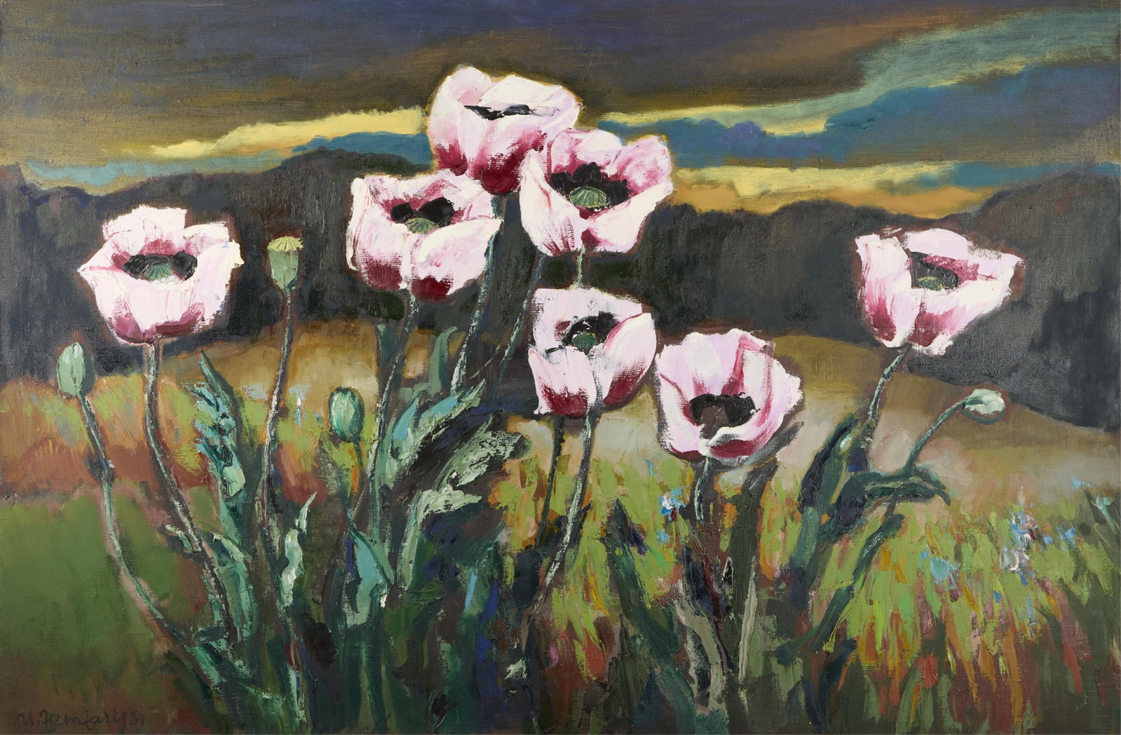 Uldis Zemzaris "Poppies" Floral Painting 1984: Uldis Zemzaris (Latvian, 1928-2022). Oil on canvas painting titled "Poppies" depicting bright pink blooms against a darkened landscape, 1984. Signed and dated along the lower left. Unframed; height: 3
