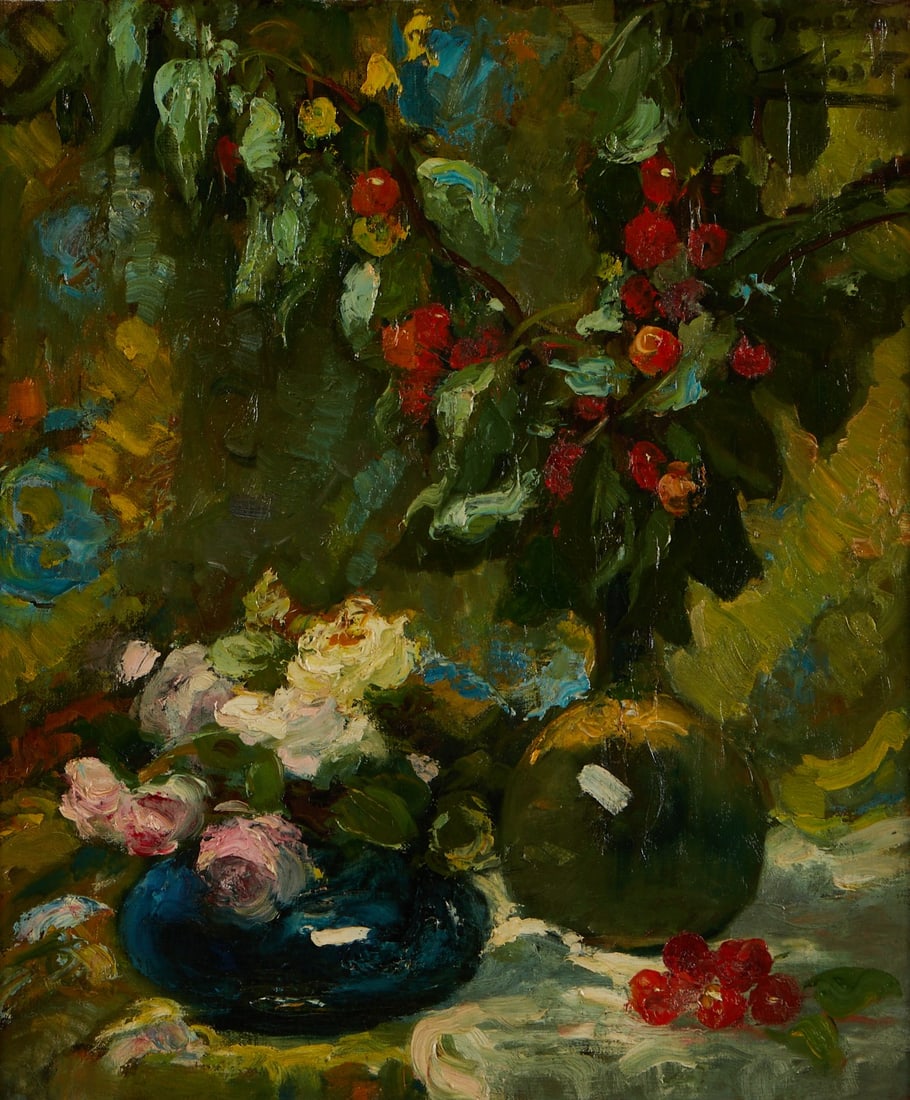 Impressionist Still Life Floral Oil Painting: Oil on canvas impressionist still life painting depicting a bouquet of flowers on a table. Illegibly signed along the upper right corner. Initialed F.M. along the verso. Unframed; height: 21 3/4 x wid