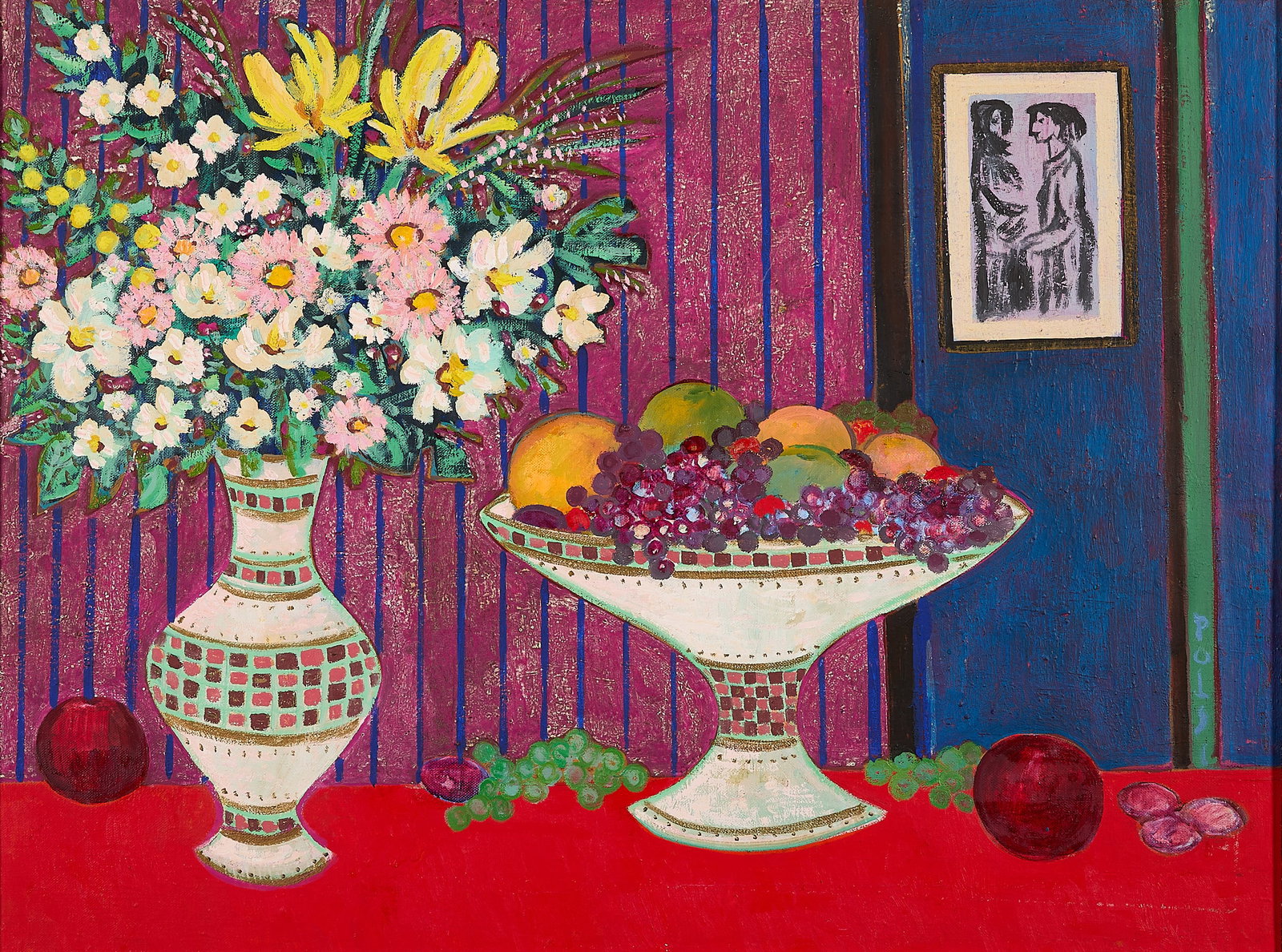Bohm Lipot Poldi "Gyumo" Still Life Painting: Bohm Lipot Poldi (French/Hungarian, 1916-1995). Oil on canvas still life painting titled "Gyumo" (Good Morning), 20th century. Depicting a vibrant bouquet and a bountiful fruit bowl atop a vivid red t